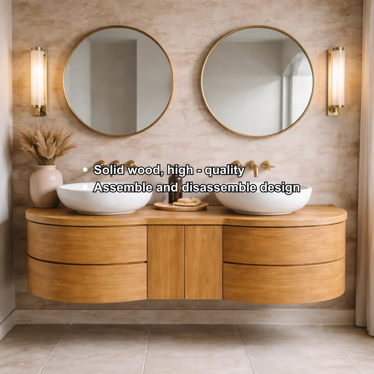 Floating Bathroom Vanity with Curved Ends Double Drawers and Center Cabinet Storage Kitchnce