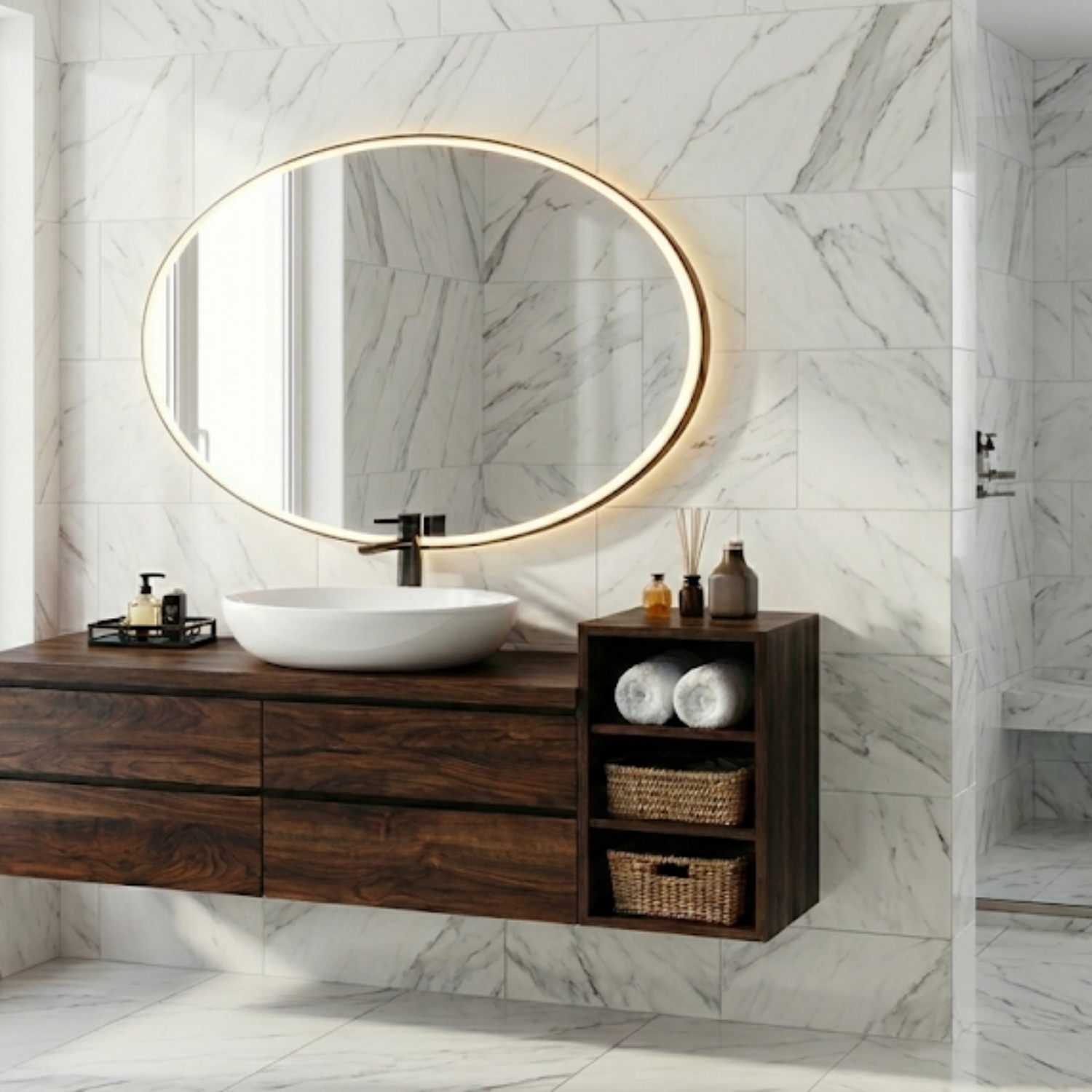 Floating Solid Wood Bathroom Vanity with Drawers & Open Shelf Storage