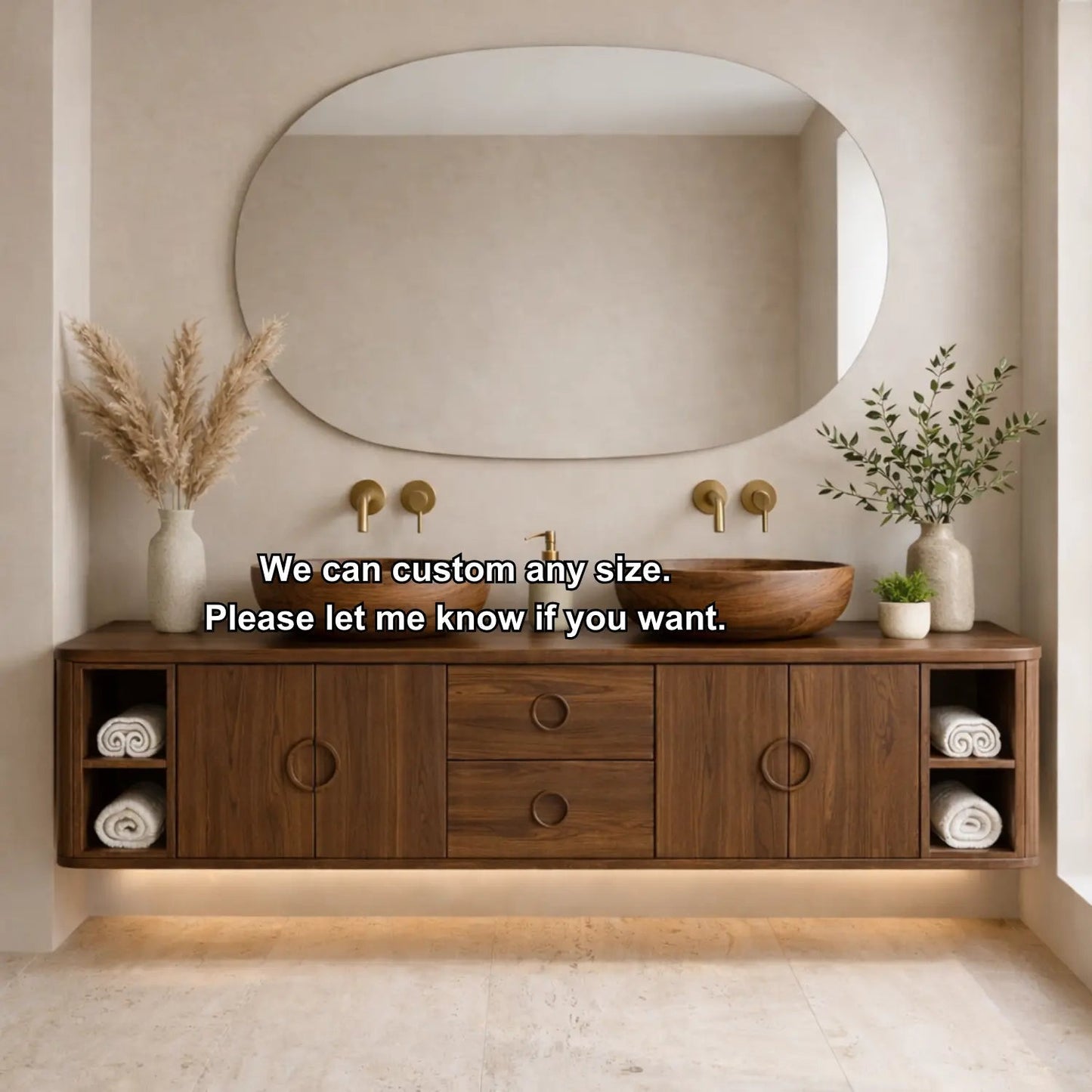 Floating Bathroom Vanity with Circle Handle Cabinets Center Drawers and Open Shelf Storage Kitchnce