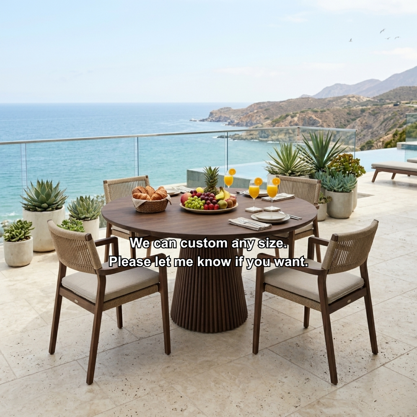 Round Solid Wood Outdoor Dining Table with Fluted Pedestal Base