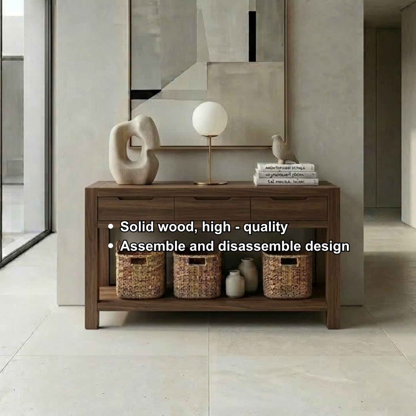 Solid Wood Console Table with Drawers and Shelf – Modern Minimalist Entryway Table