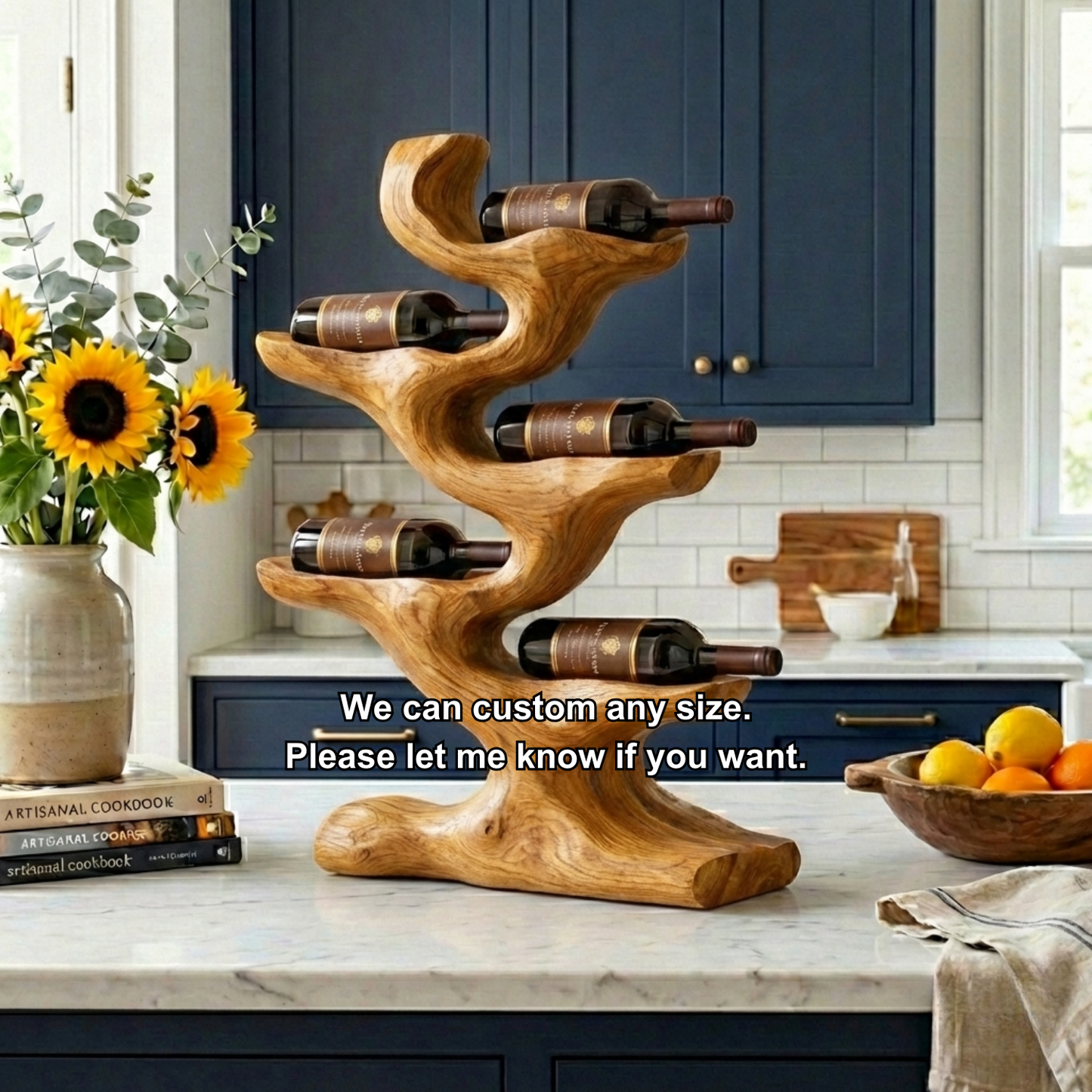Handcrafted Solid Wood Wine Holder – Sculptural Tree Countertop Wine Rack