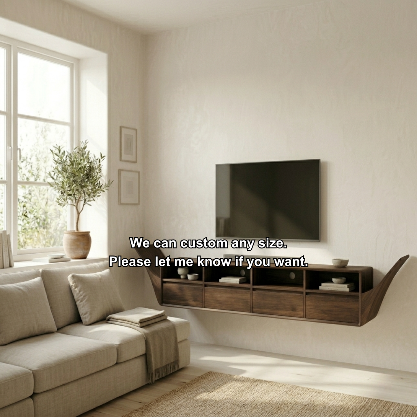 Floating Solid Wood TV Stand with Open Shelves and Drawers – Wall Mounted Media Console