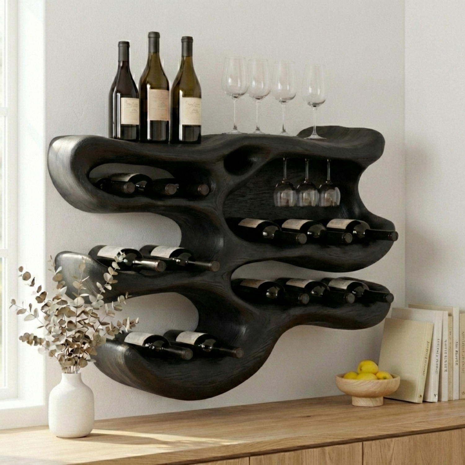 Handcrafted Solid Wood Wall Wine Holder – Sculptural Wine Rack with Glass Storage