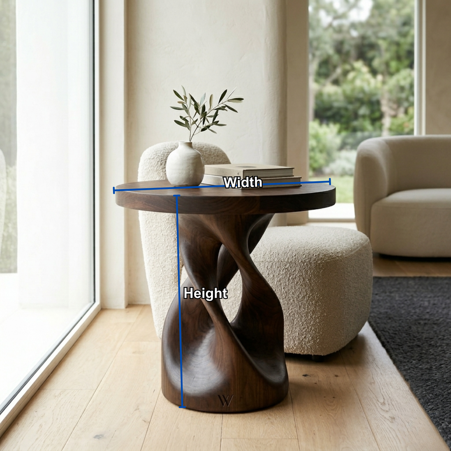 Solid Wood Sculptural Side Table – Modern Round Accent Table with Artistic Base Kitchnce