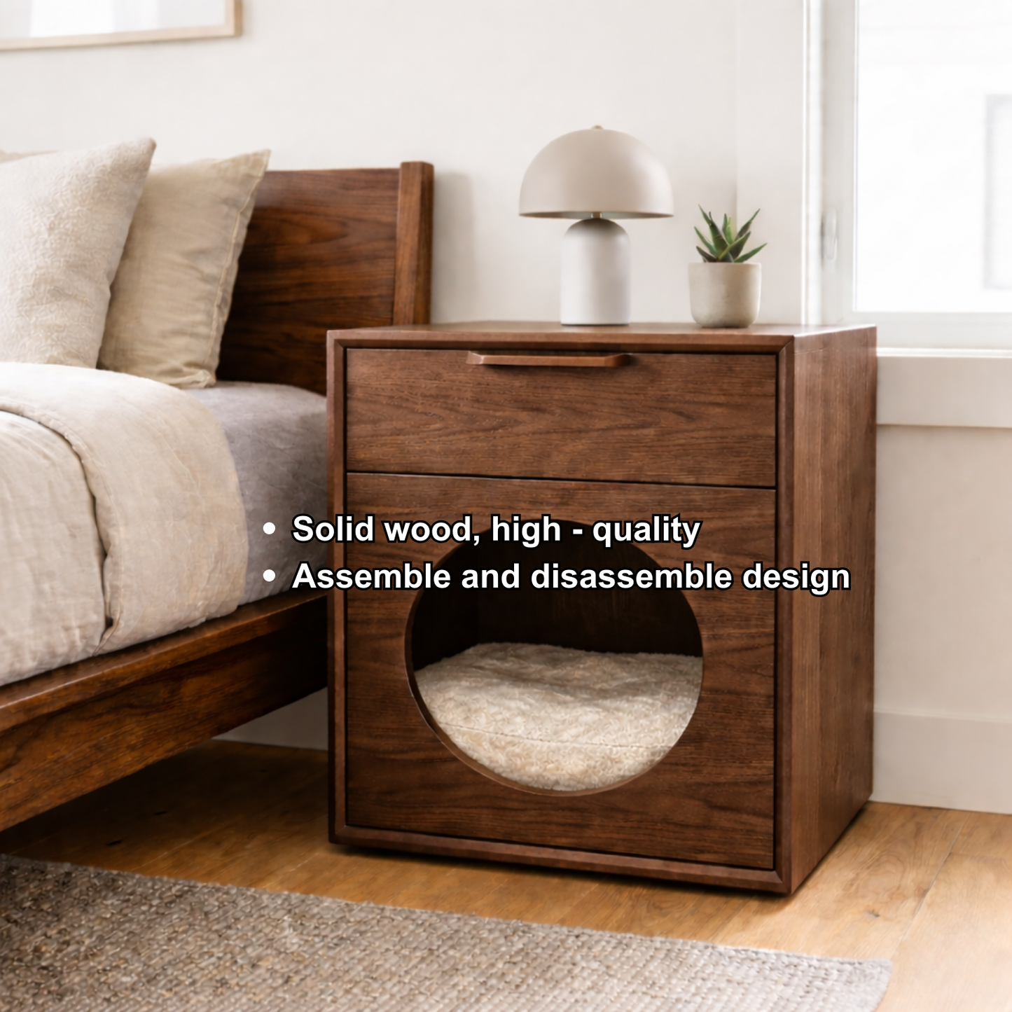 Solid Wood Nightstand with Built-in Cat Bed – Modern Bedside Table with Pet House Kitchnce