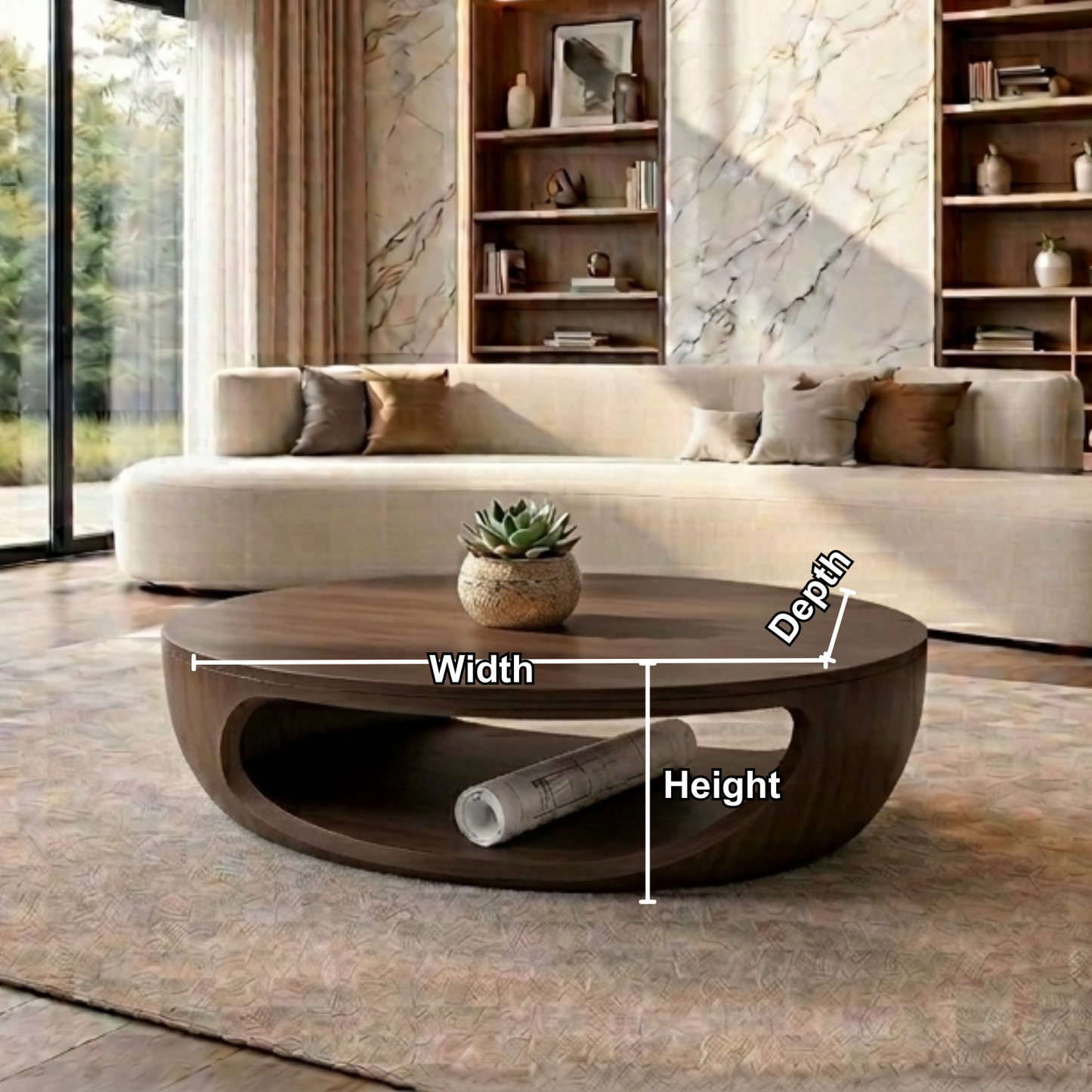 Solid Wood Round Coffee Table with Open Base – Modern Sculptural Living Room Table Kitchnce