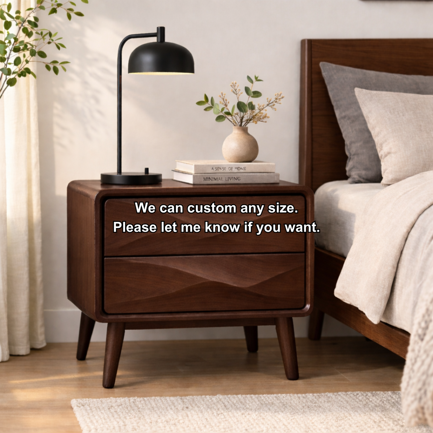 Mid-Century Solid Wood Nightstand with Wave Carved Drawers – Modern Bedside Table Kitchnce