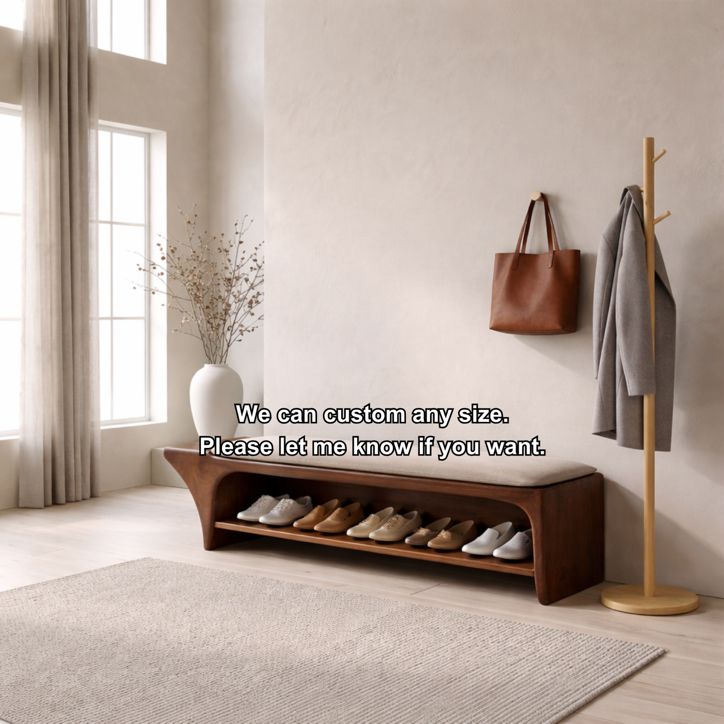 Curved Solid Wood Shoe Storage Bench with Open Shelf – Minimalist Entryway Bench
