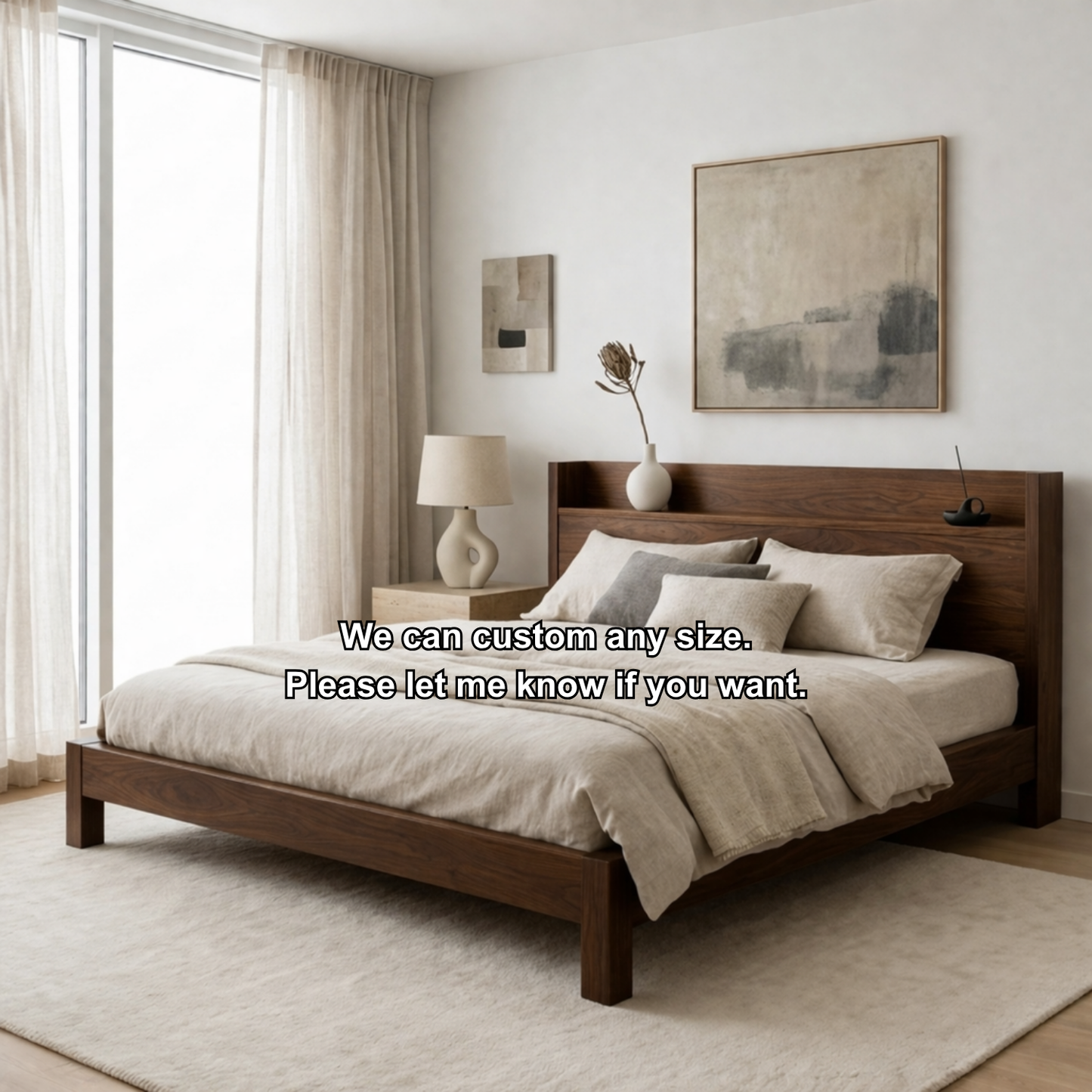 Scandinavian Style Solid Wood Platform Bed Frame with Minimalist Headboard Shelf