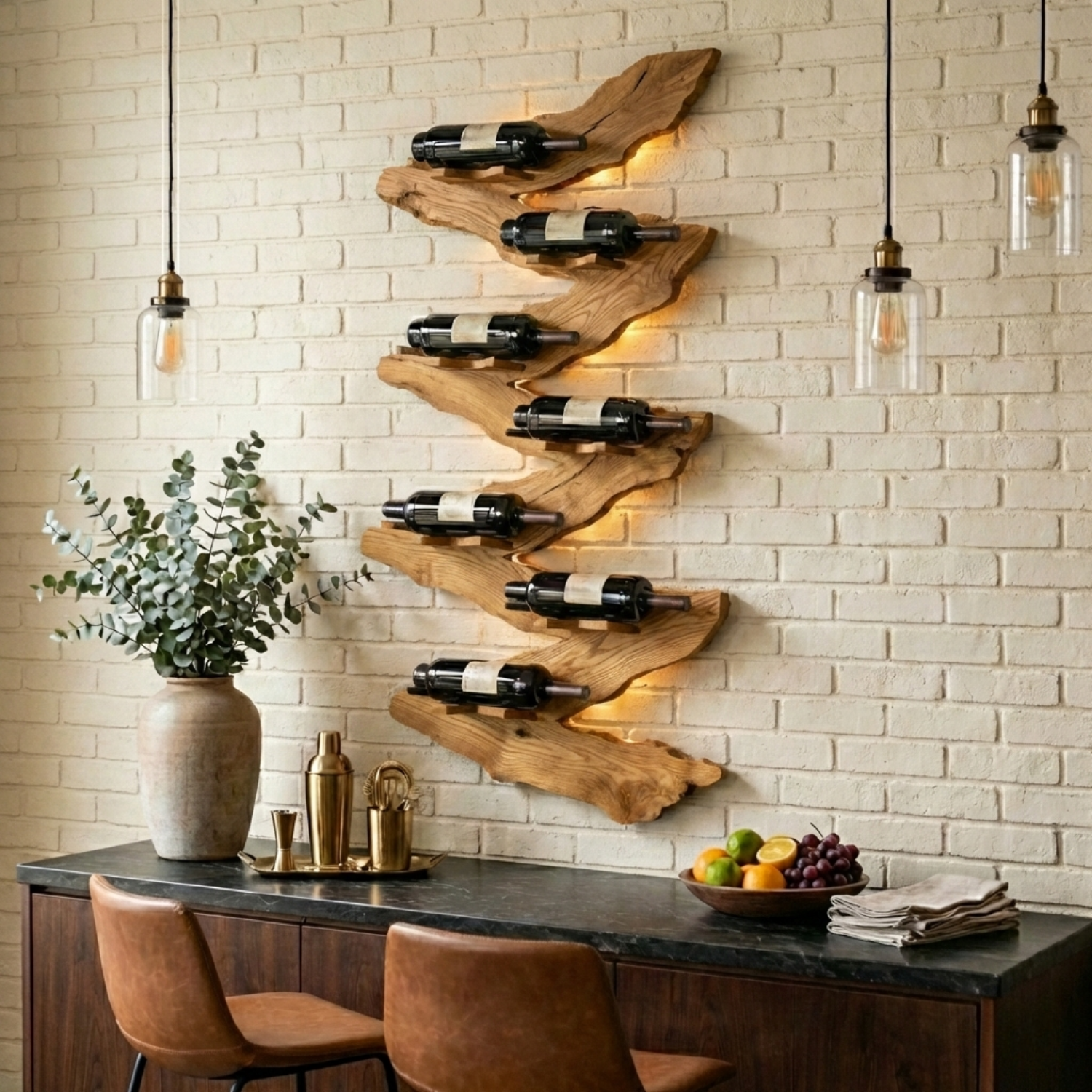 Live Edge Wooden Wine Holder – Sculptural Wall Mounted Wine Rack