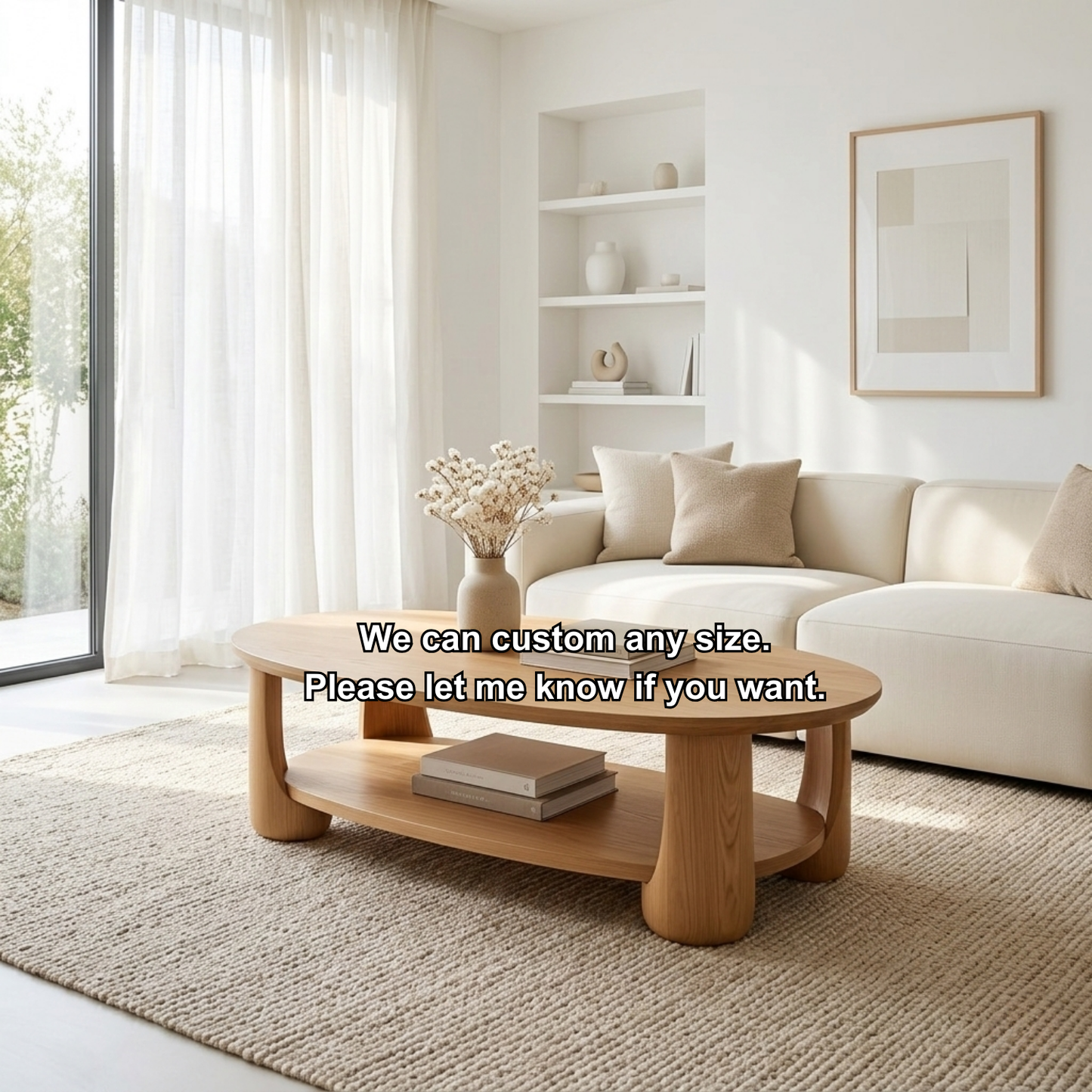 Solid Wood Oval Coffee Table with Shelf – Modern Minimalist Living Room Table Kitchnce