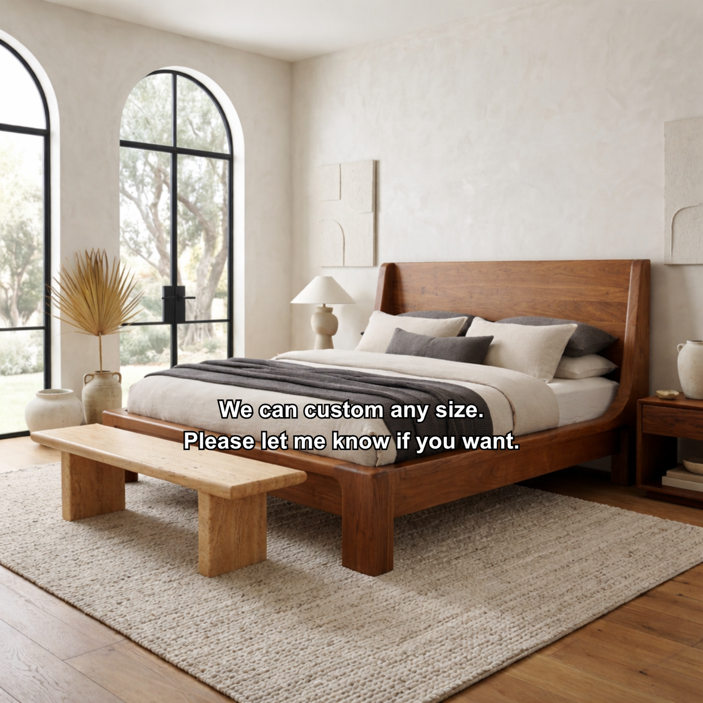 Solid Wood Platform Bed Frame with Curved Wingback Headboard