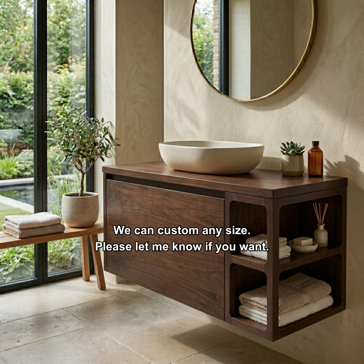 Floating Solid Wood Bathroom Vanity with Cabinet Storage and Sculpted Side Shelves