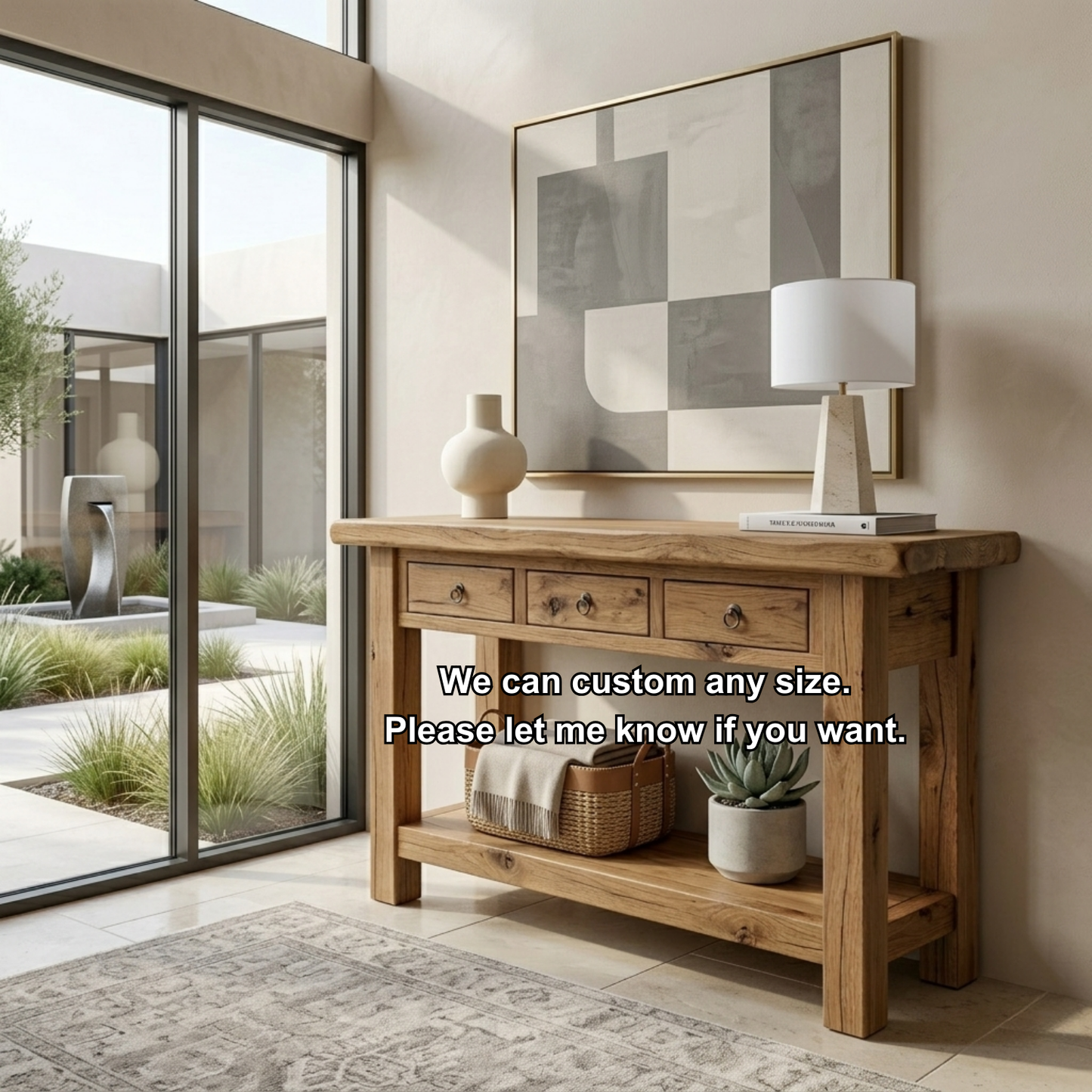 Solid Wood Console Table with Drawers and Shelf – Rustic Farmhouse Entryway Table