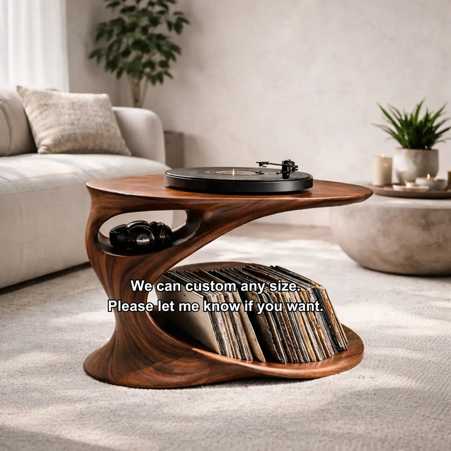 Solid Wood Record Player Stand with Sculptural Curved Base and Vinyl Storage Shelf Kitchnce