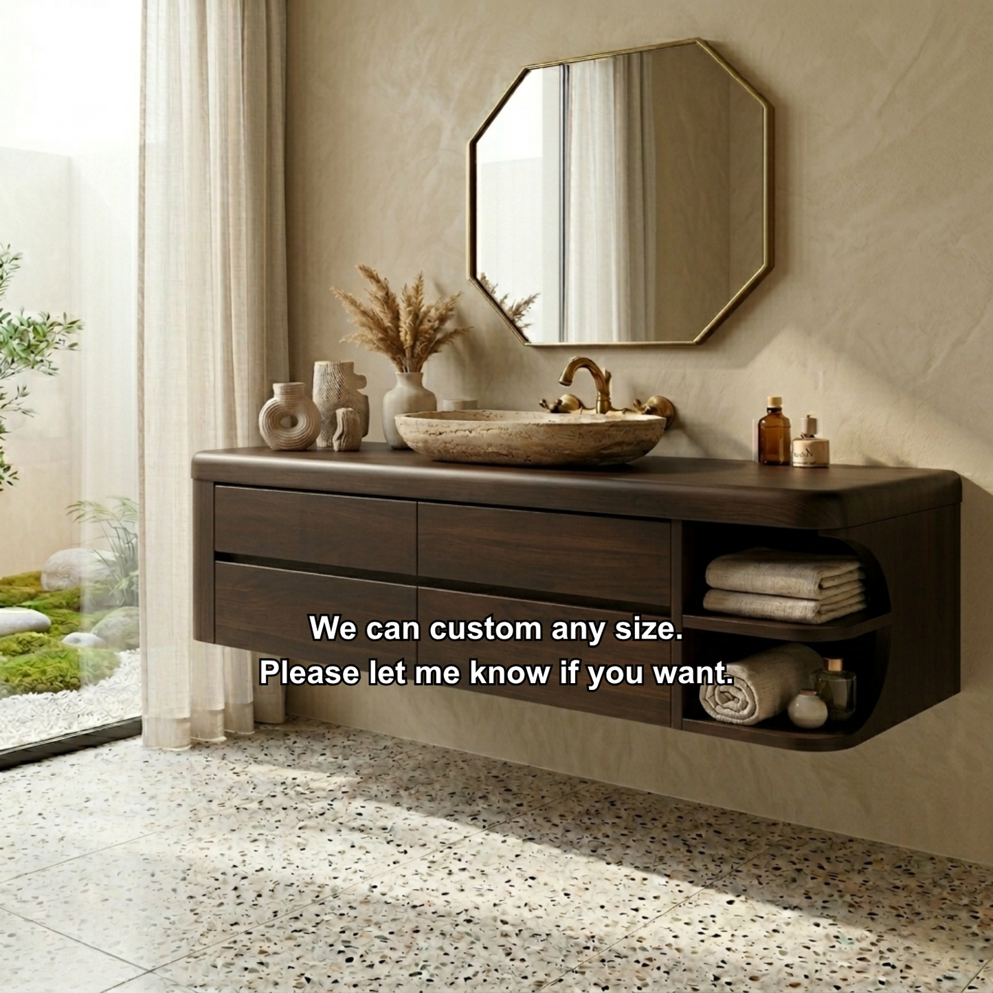 Floating Solid Wood Bathroom Vanity with Four Drawers and Rounded Side Open Shelf