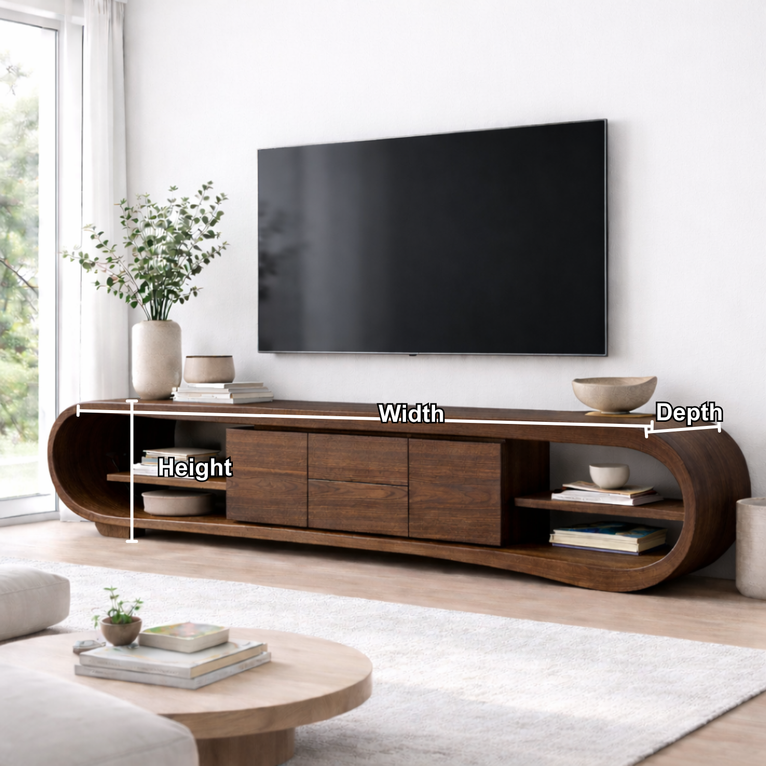 Solid Wood TV Stand with Rounded Frame Ends, Open Shelves and Center Cabinet Storage
