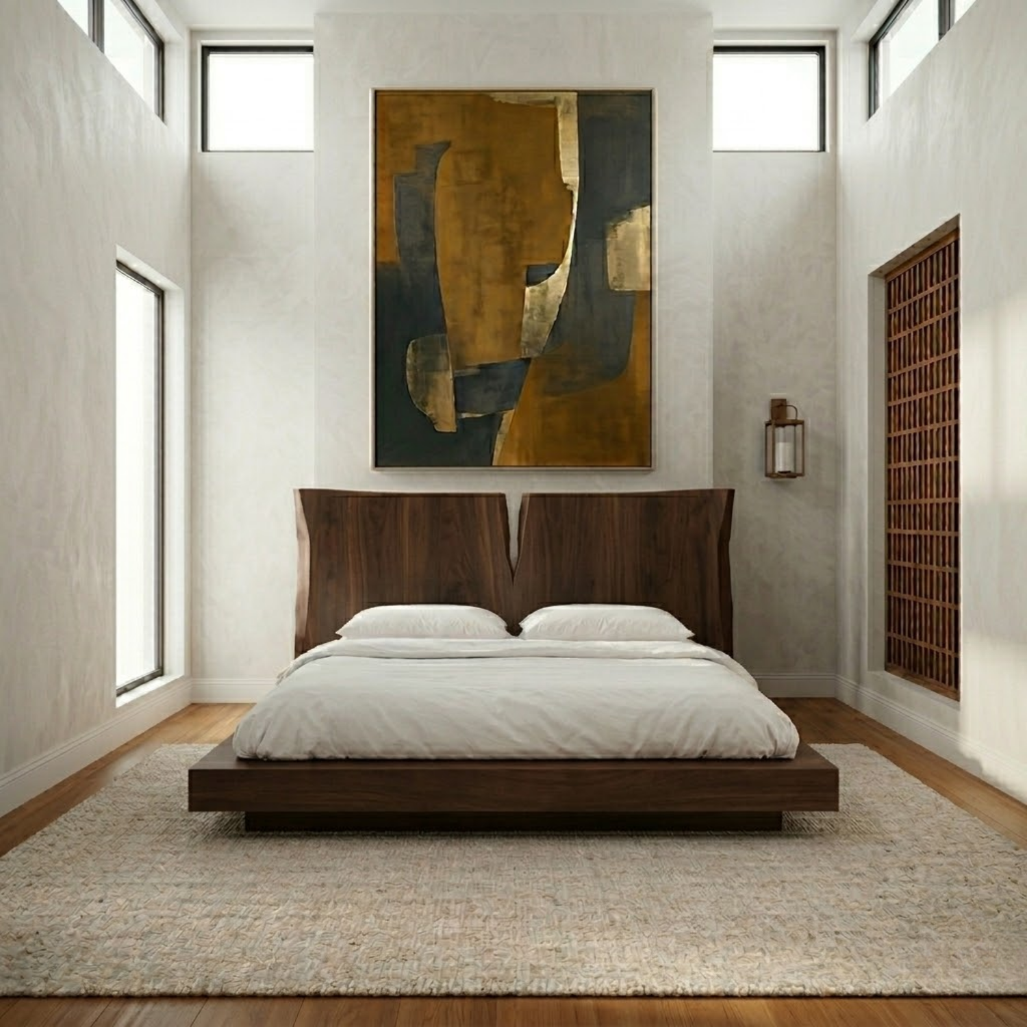 Solid Wood Platform Bed Frame with Sculpted Split Headboard