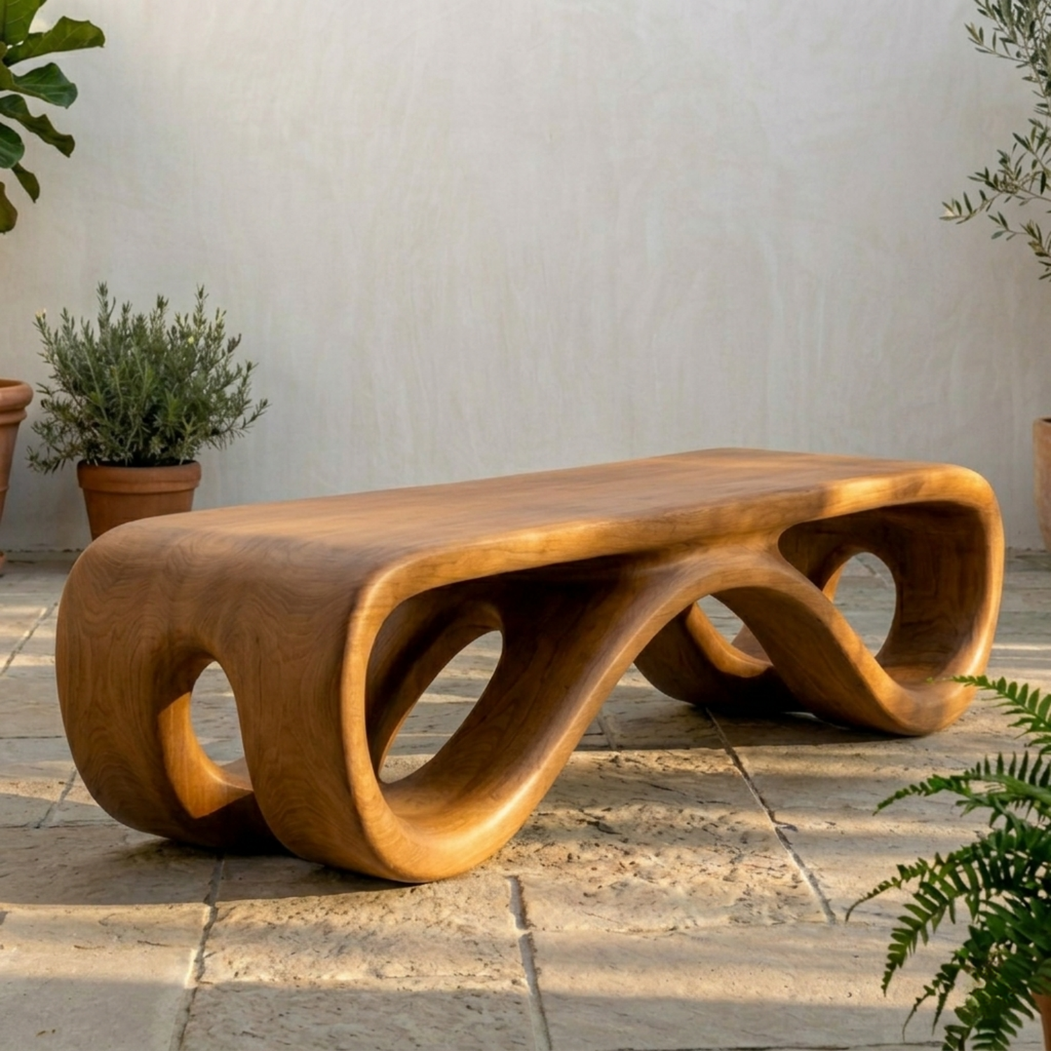 Handcrafted Solid Wood Outdoor Bench Sculptural Curved Base Organic Modern Minimal Design
