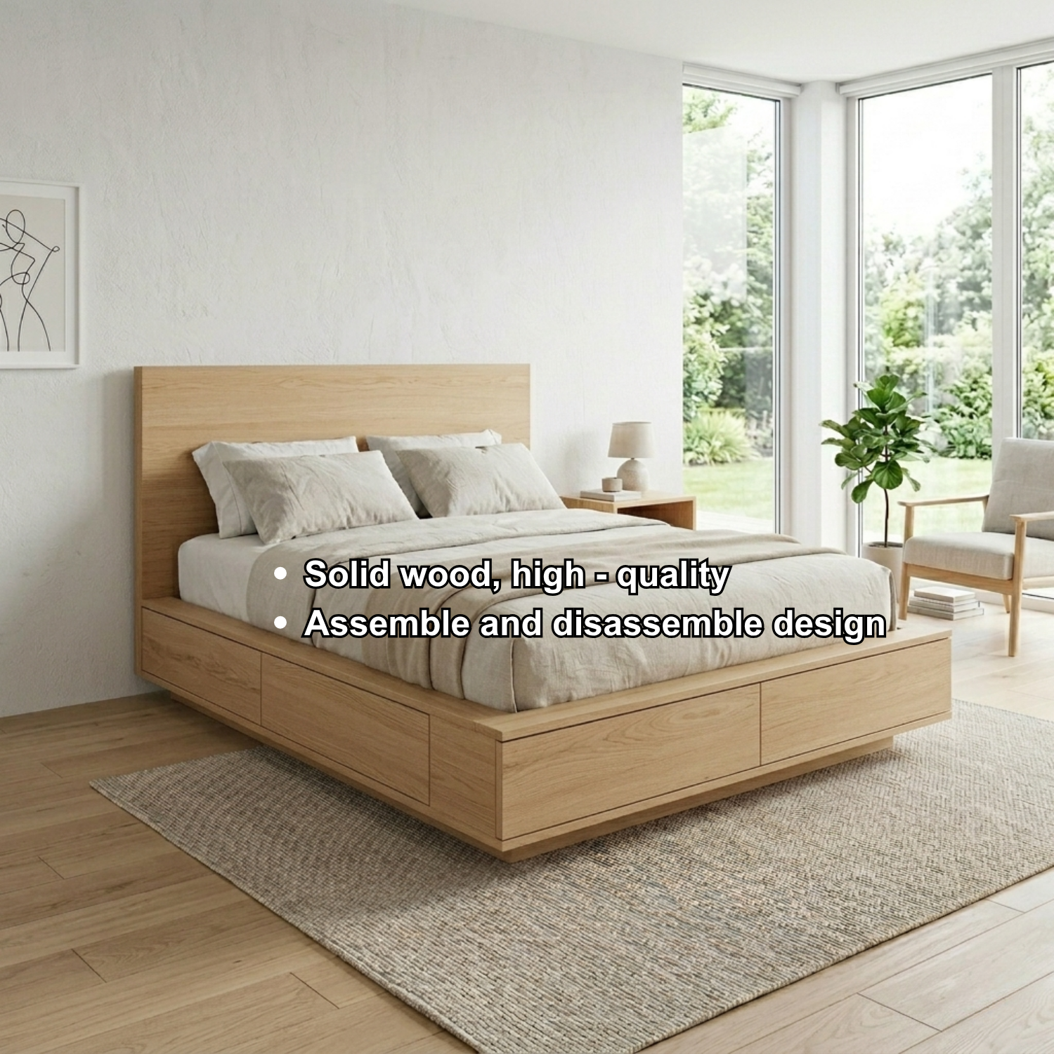 Solid Wood Platform Bed Frame with Integrated Storage Drawers