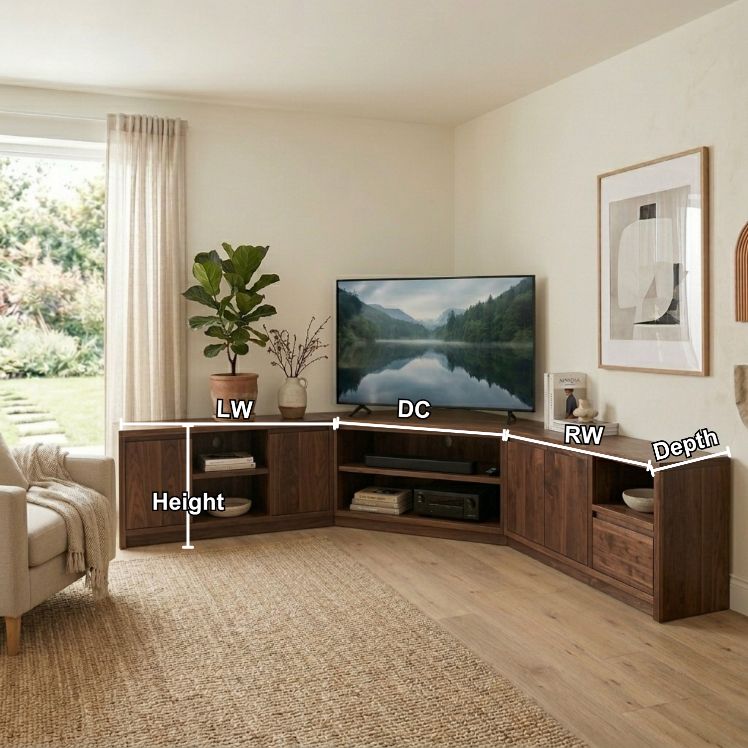 Modular Solid Wood Corner TV Stand with Storage Cabinets and Open Media Shelves