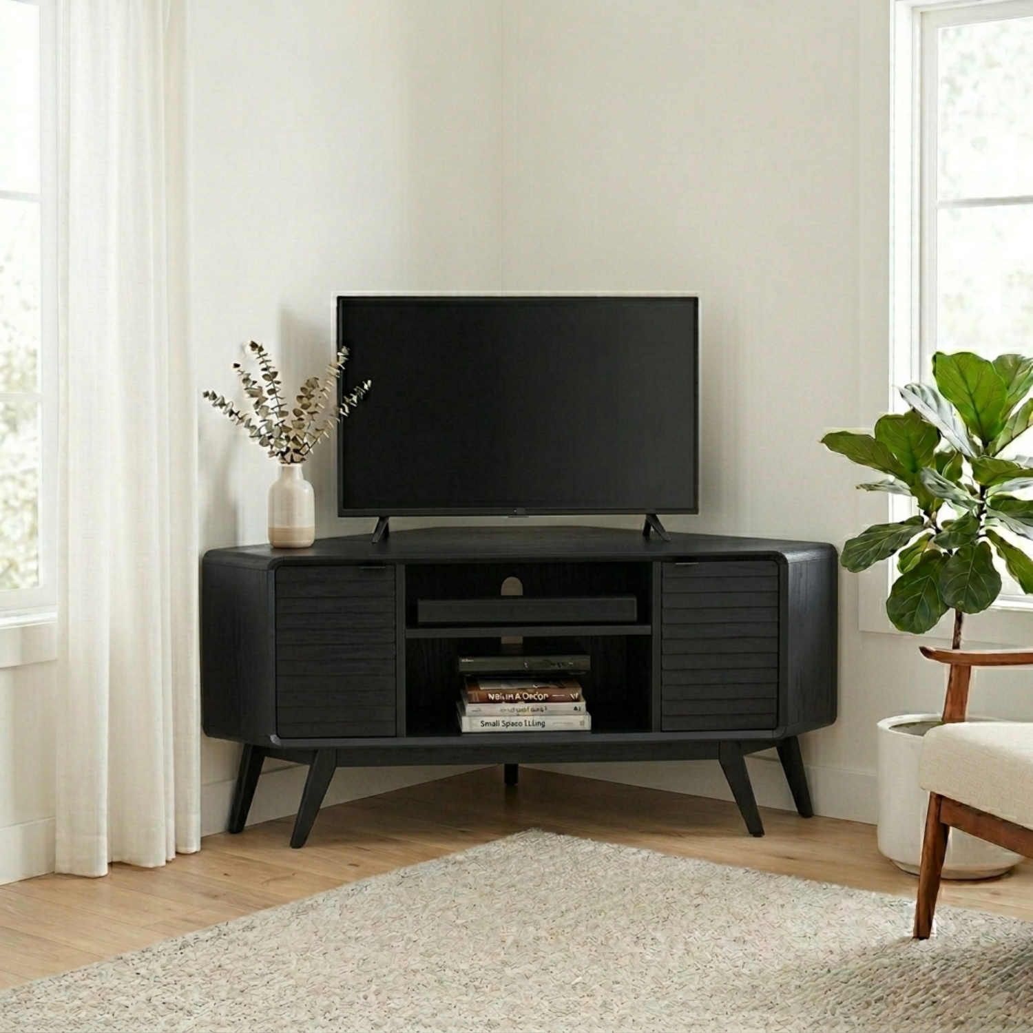 Solid Wood Corner TV Stand with Mid-Century Legs and Cabinet Storage