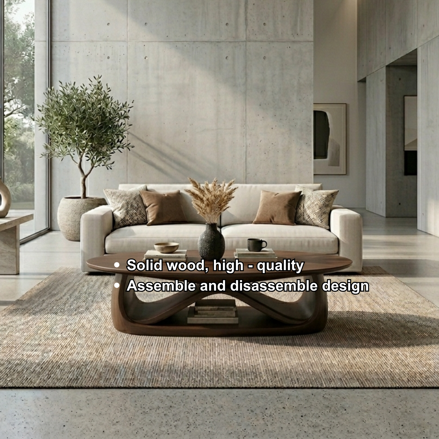 Solid Wood Coffee Table with Sculptural Base – Modern Minimalist Living Room Table