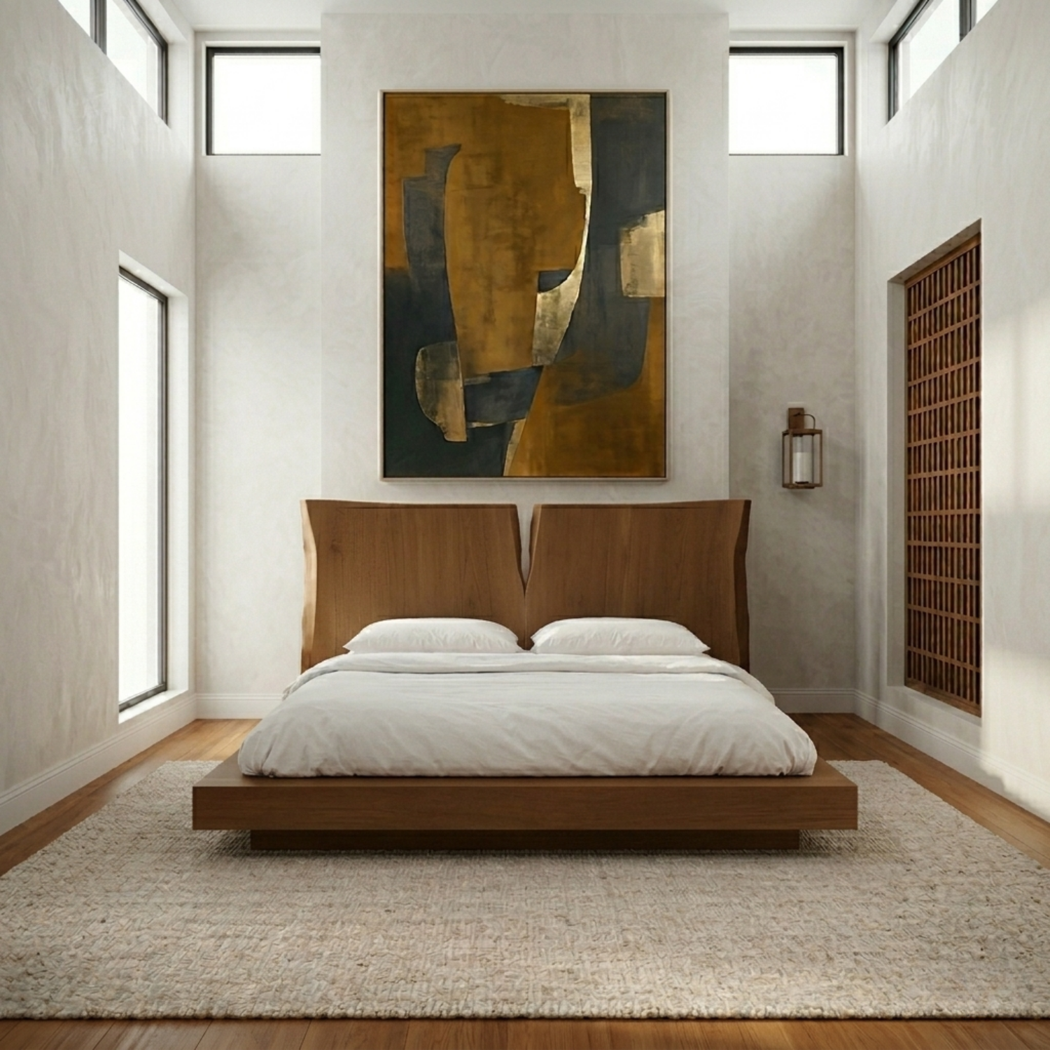 Solid Wood Platform Bed Frame with Sculpted Split Headboard