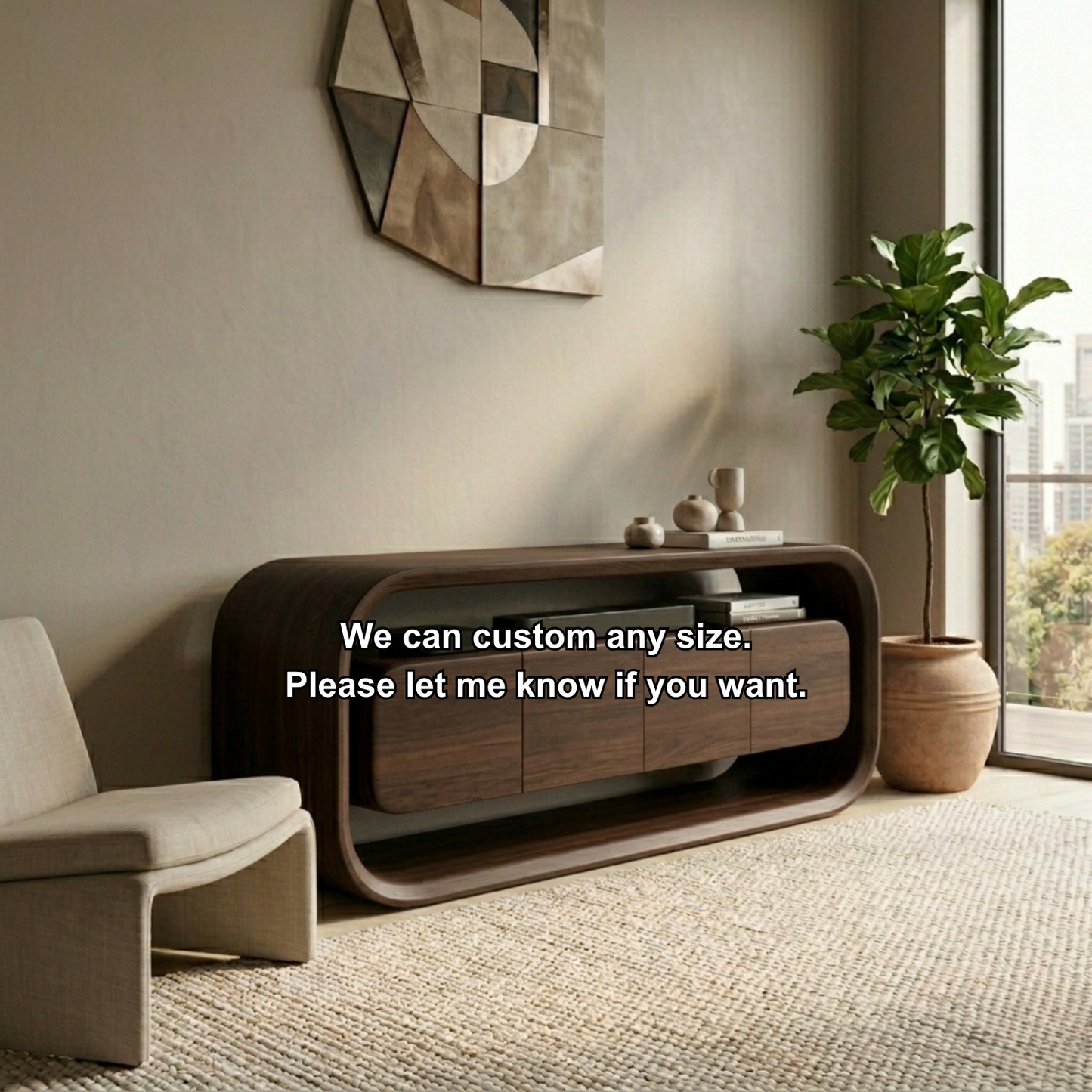 Solid Wood TV Stand with Sculpted Rounded Frame and Floating Cabinet Storage