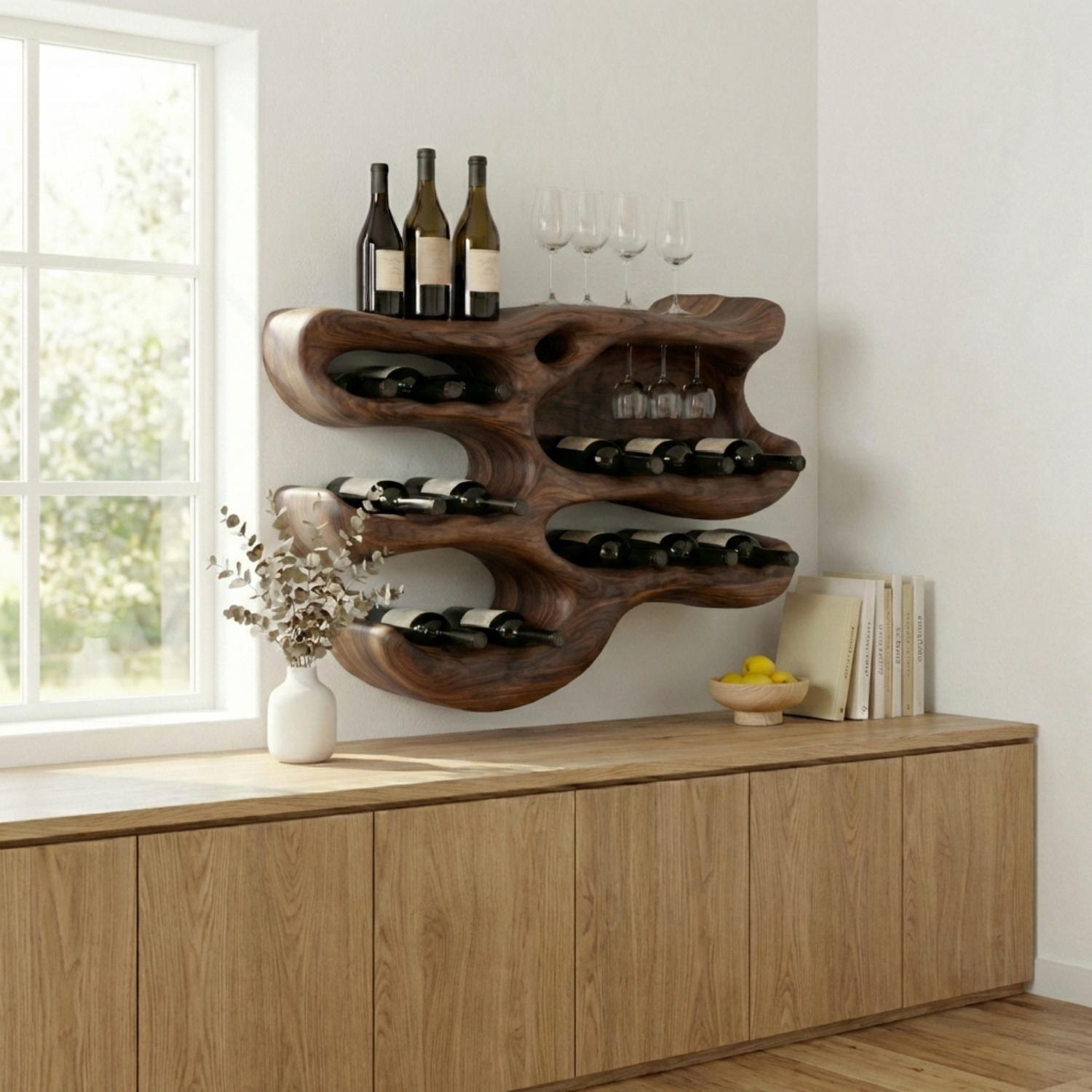 Handcrafted Solid Wood Wall Wine Holder – Sculptural Wine Rack with Glass Storage