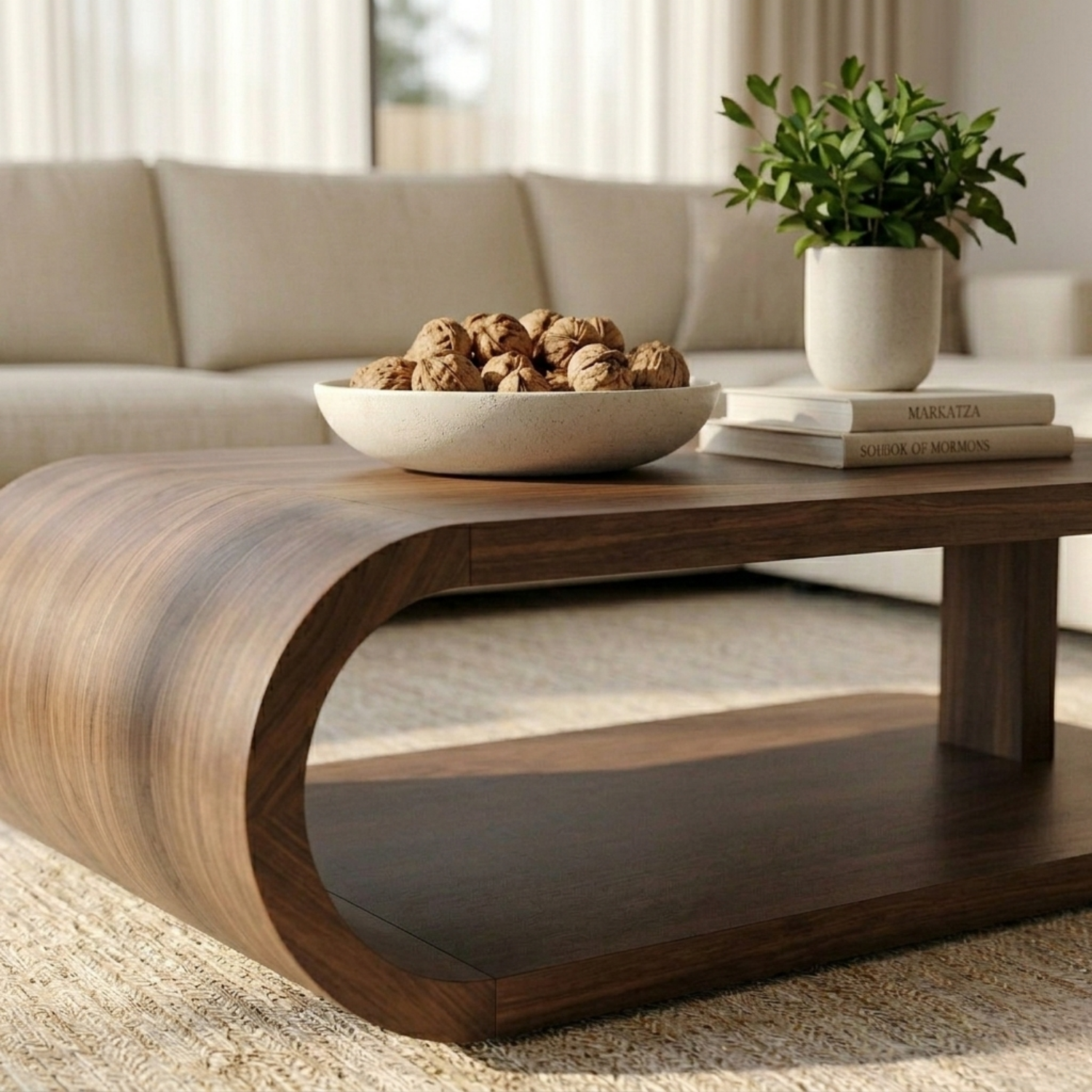 Modern Solid Wood Coffee Table with Curved Base and Storage Shelf for Living Room