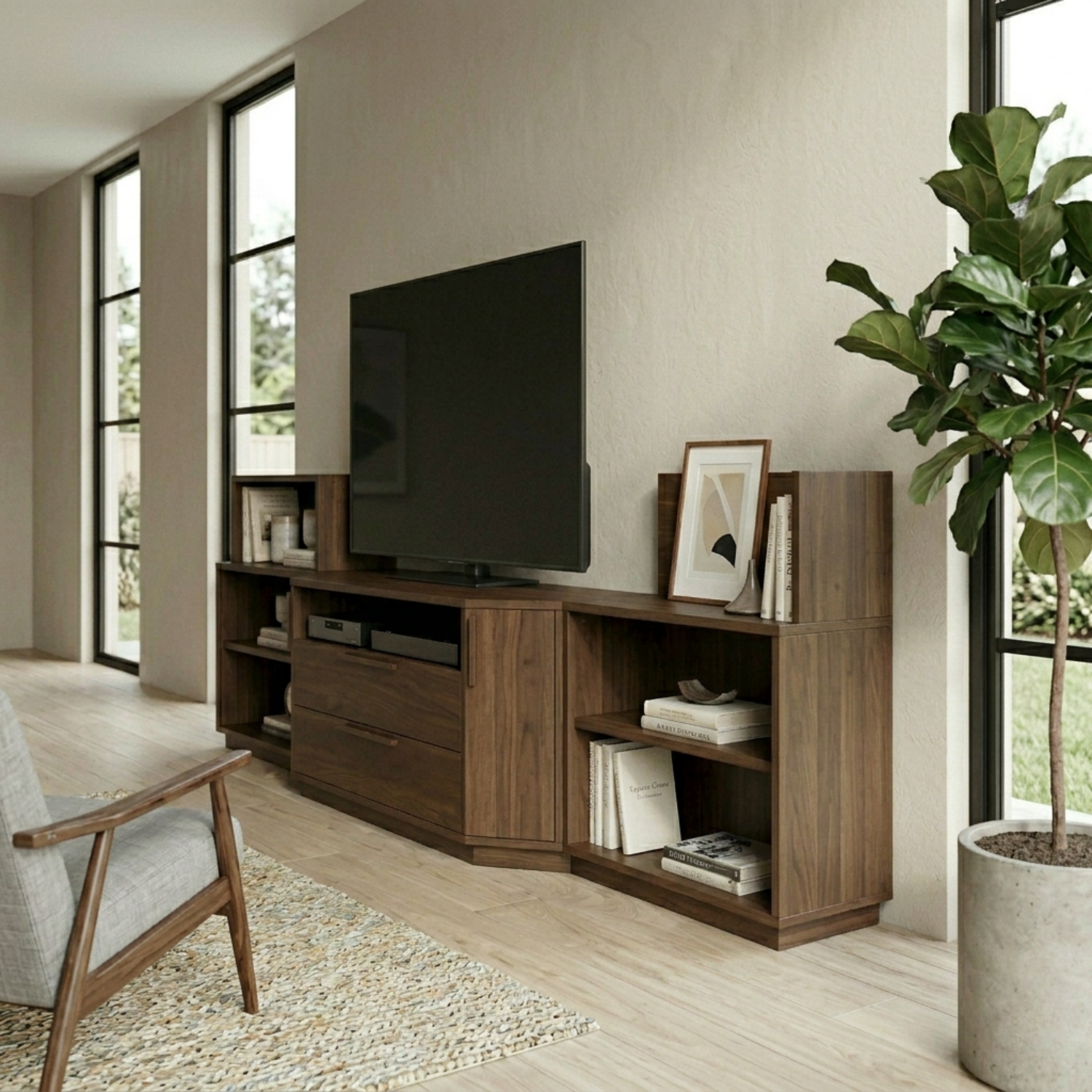 Modern Modular Solid Wood TV Stand with Open Shelves & Storage Cabinet