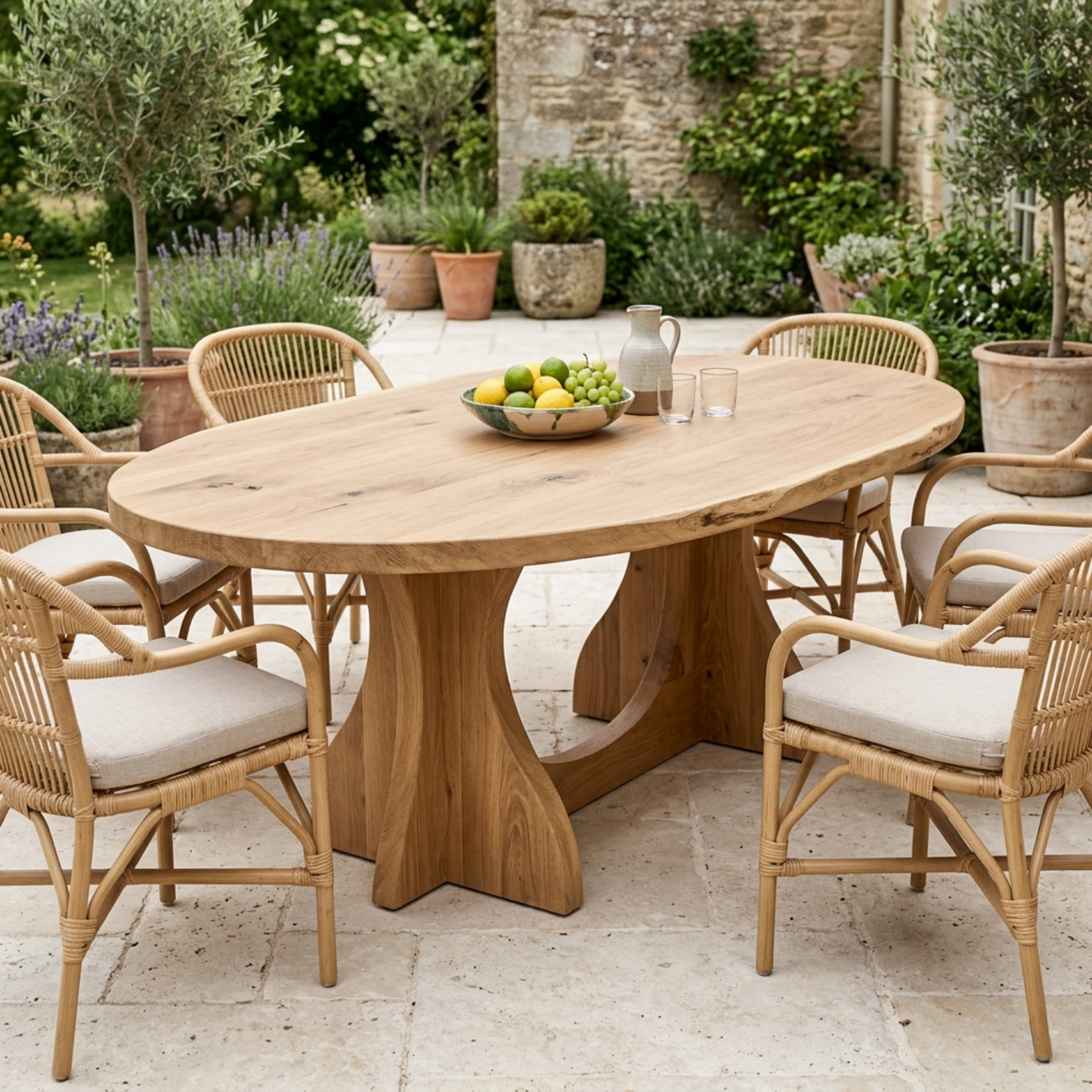 Oval Solid Wood Outdoor Dining Table with Curved Double Pedestal Base