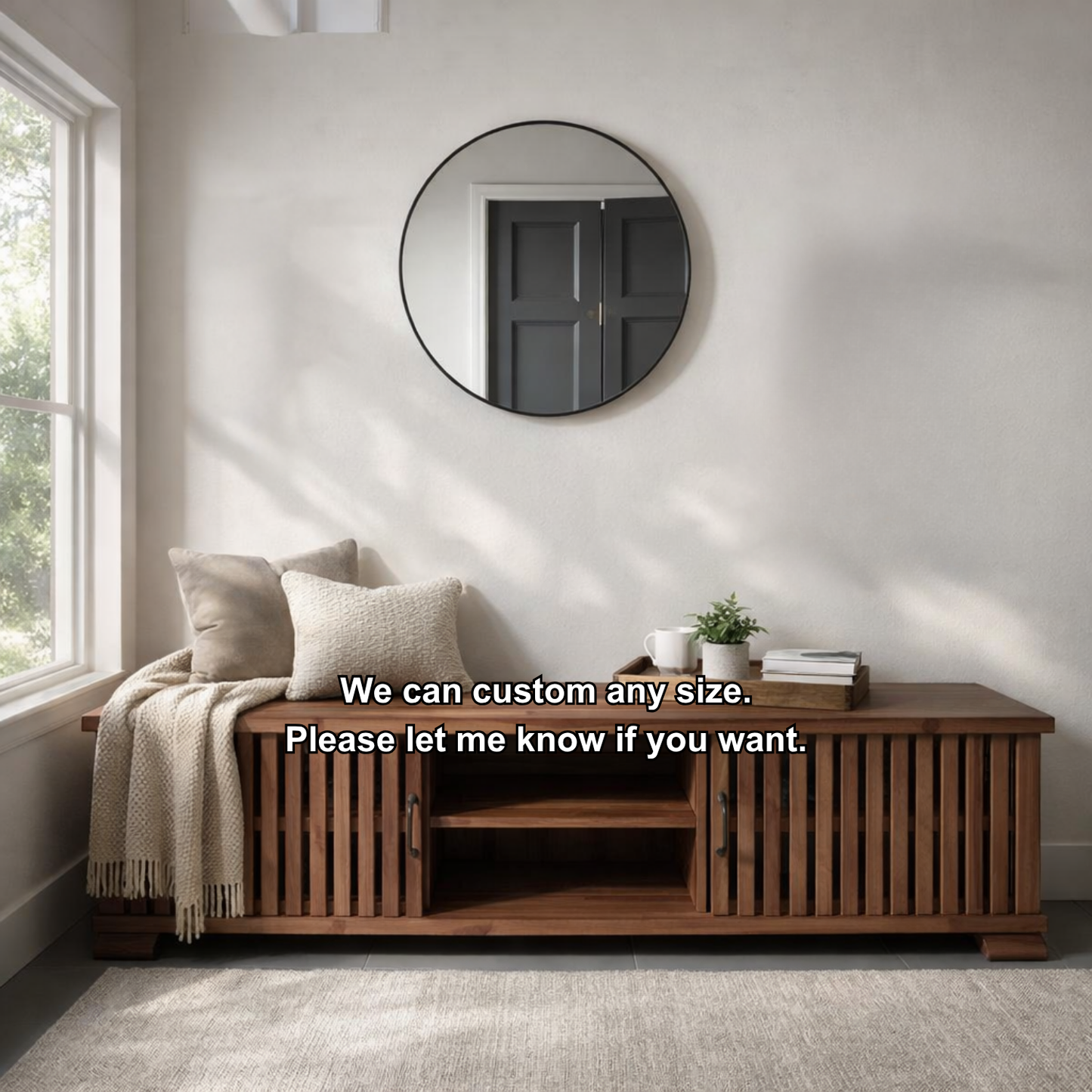 Solid Wood Storage Bench Slatted Doors Low Profile Entryway Bench with Shelf
