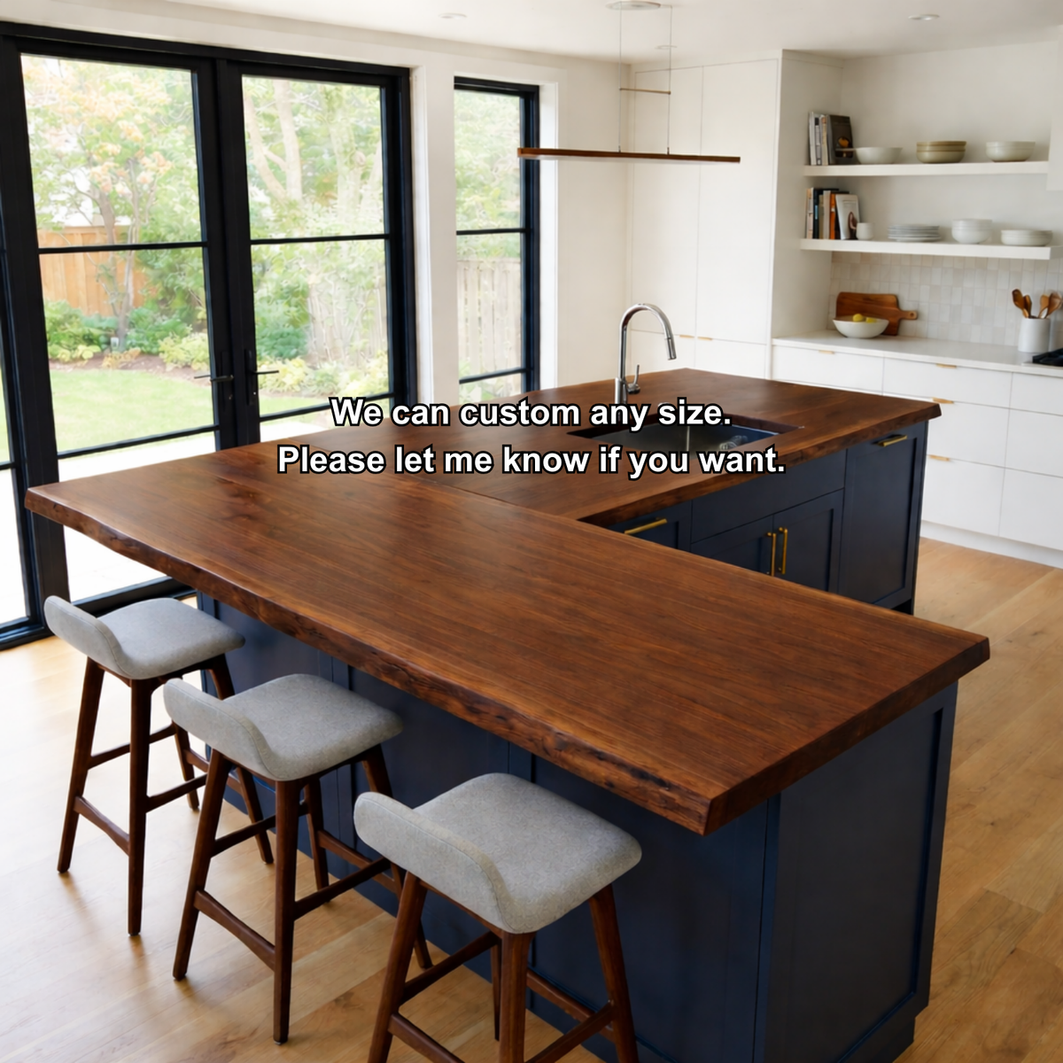 Solid Wood L-Shape Kitchen Countertop – Live Edge Island Bar Top with Seating Overhang Kitchnce