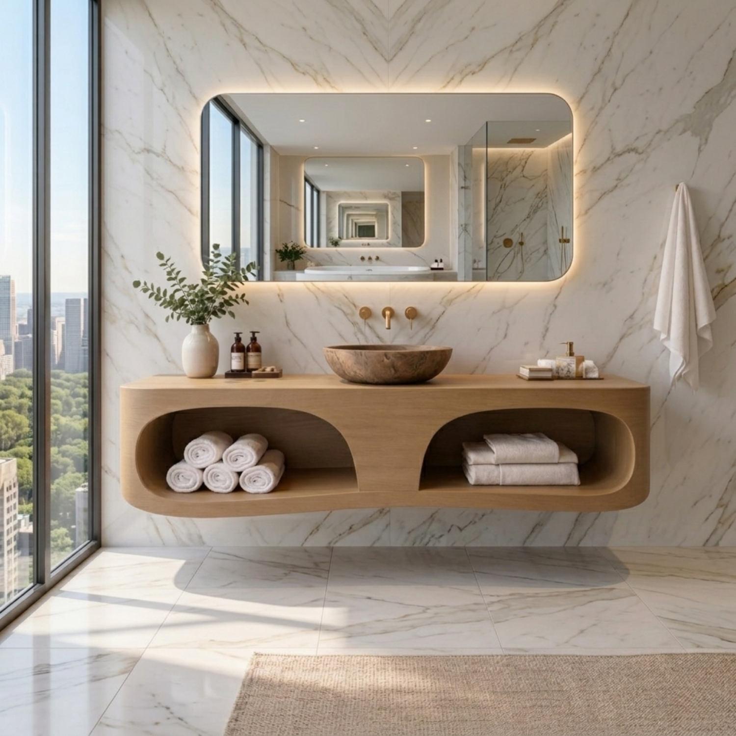 Solid Wood Floating Bathroom Vanity with Open Shelf – Modern Wall Mounted Vanity