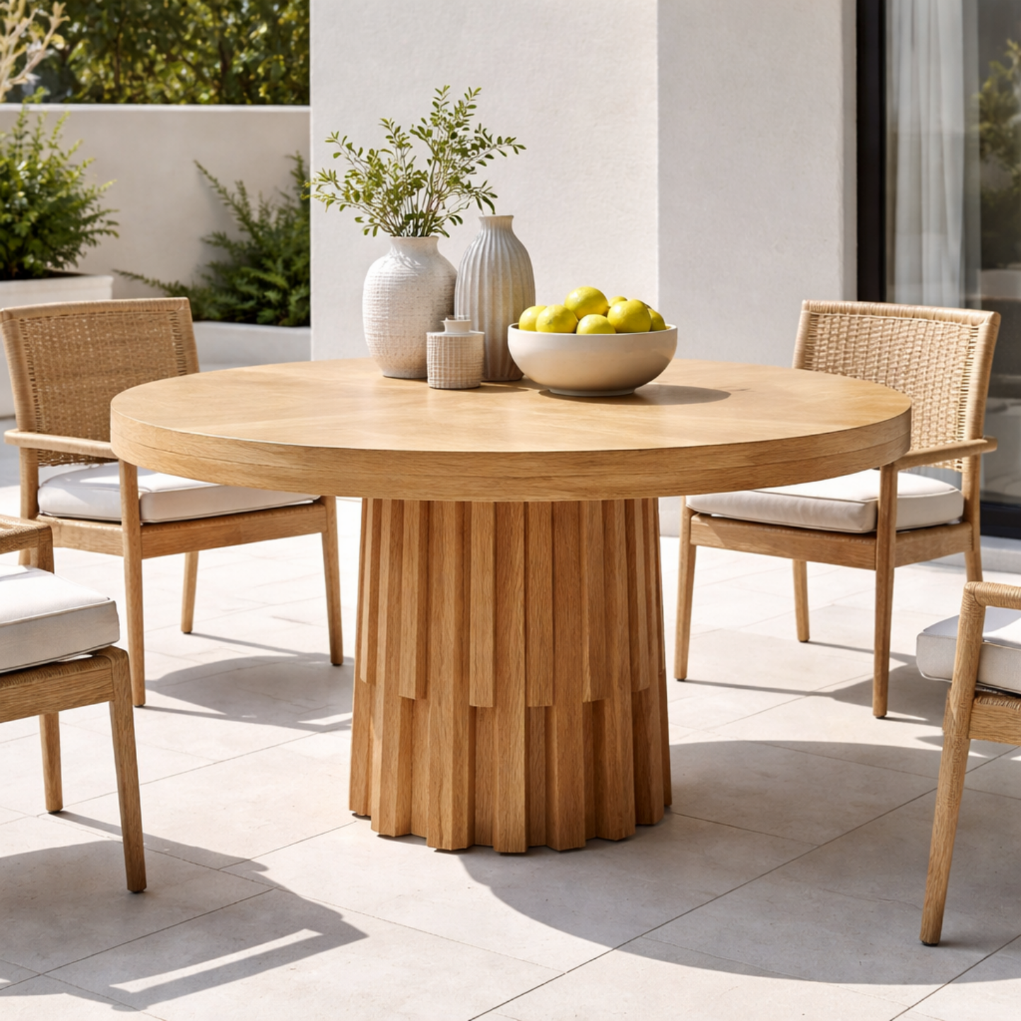 Round Solid Wood Outdoor Dining Table with Fluted Sculptural Pedestal Base