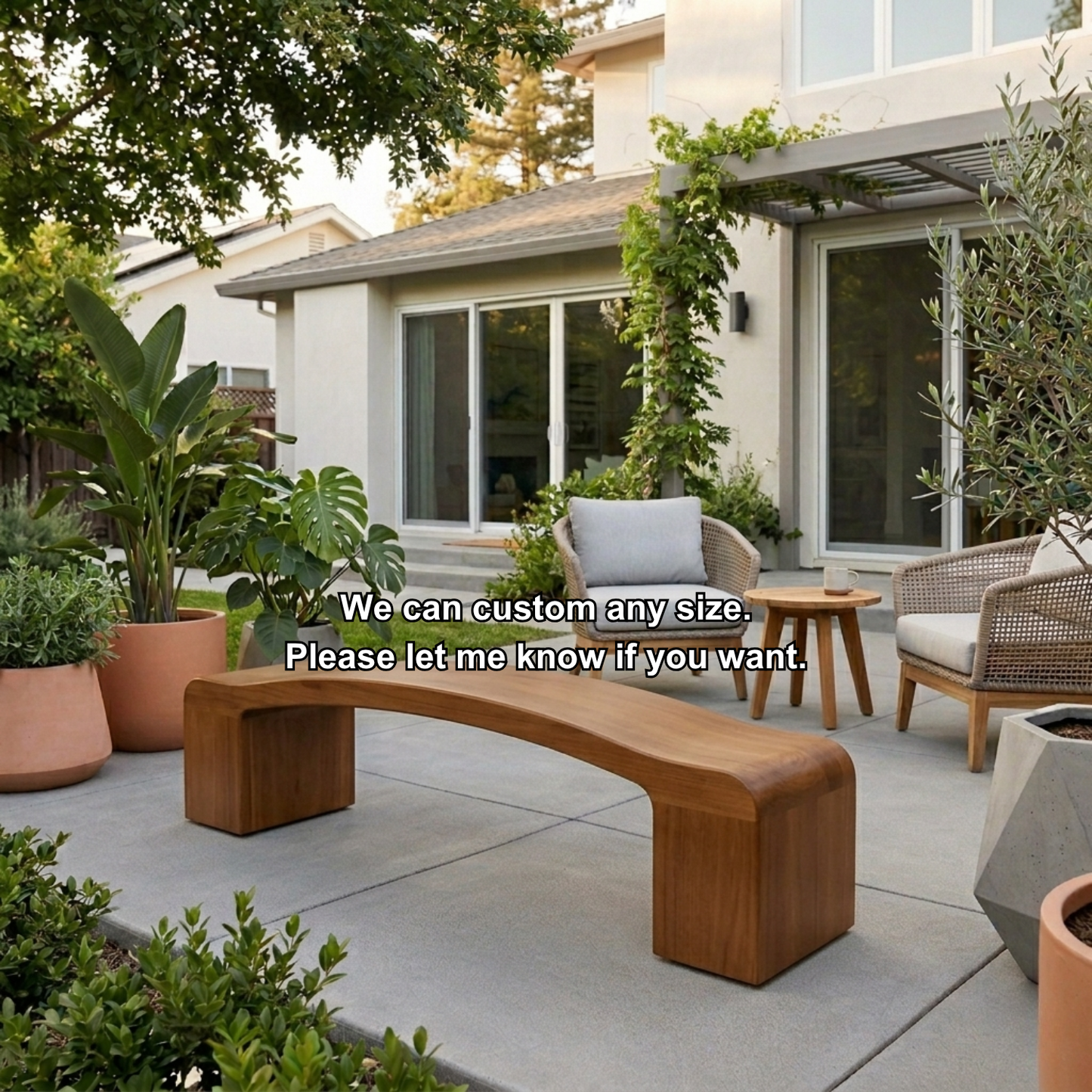 Solid Wood Outdoor Bench Curved Seat with Sculptural Block Legs Minimalist Design