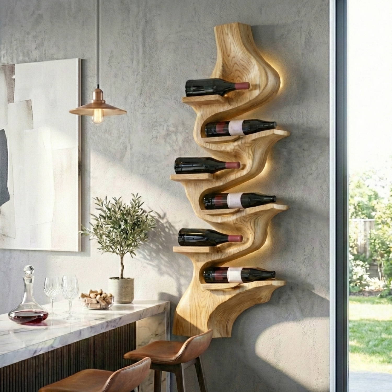 Handcrafted Solid Wood Vertical Wine Holder – Sculptural Wall Mounted Wine Rack