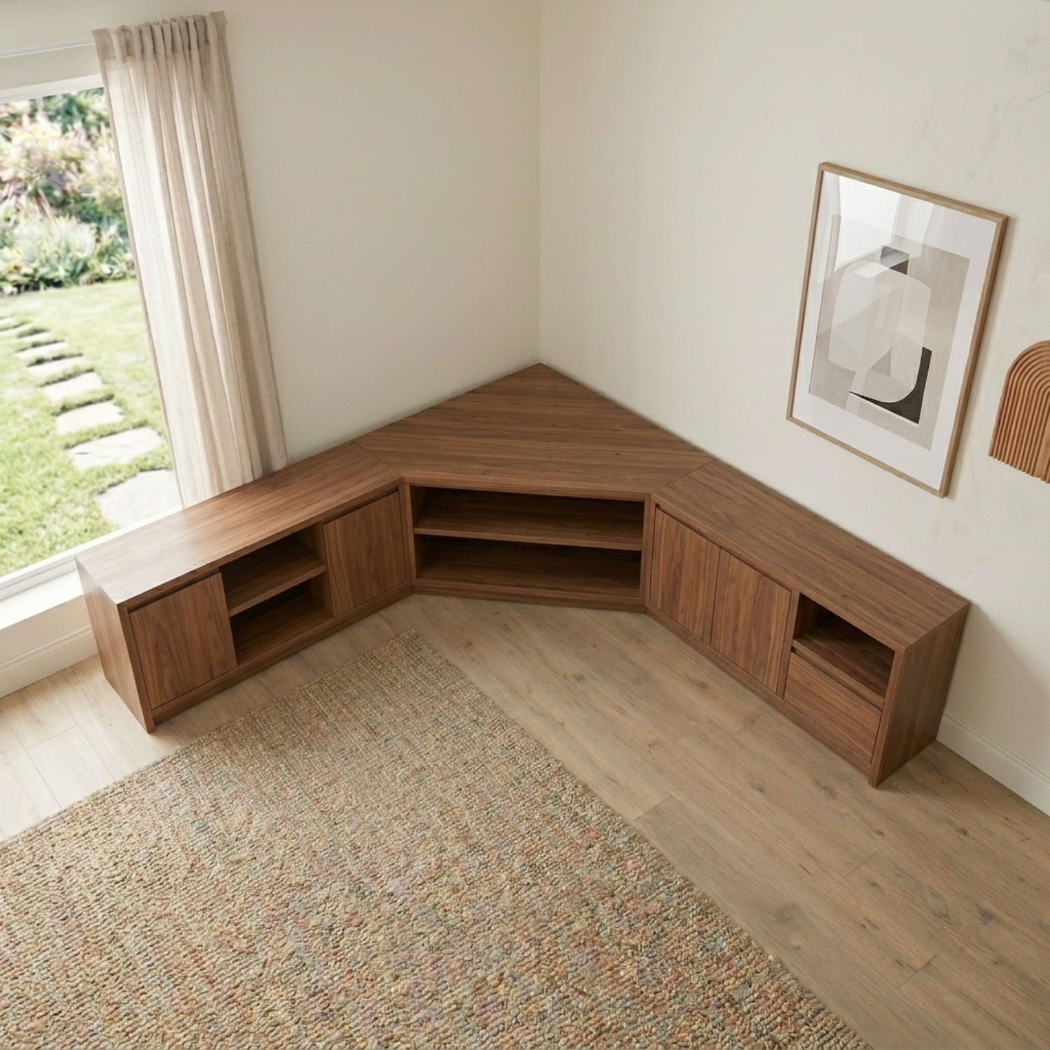 Modular Solid Wood Corner TV Stand with Storage Cabinets and Open Media Shelves
