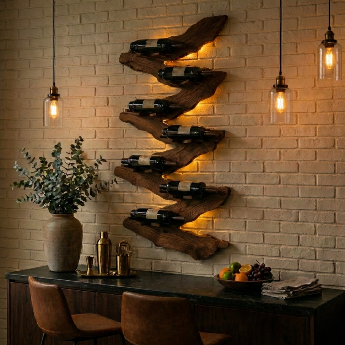 Live Edge Wooden Wine Holder – Sculptural Wall Mounted Wine Rack