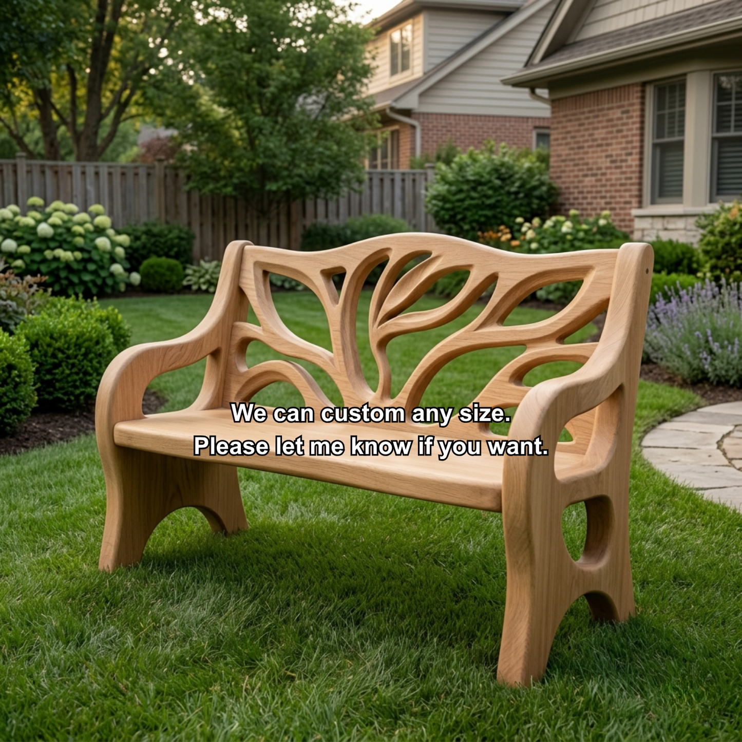 Solid Wood Outdoor Bench with Tree-Inspired Carved Backrest Garden Patio Seating
