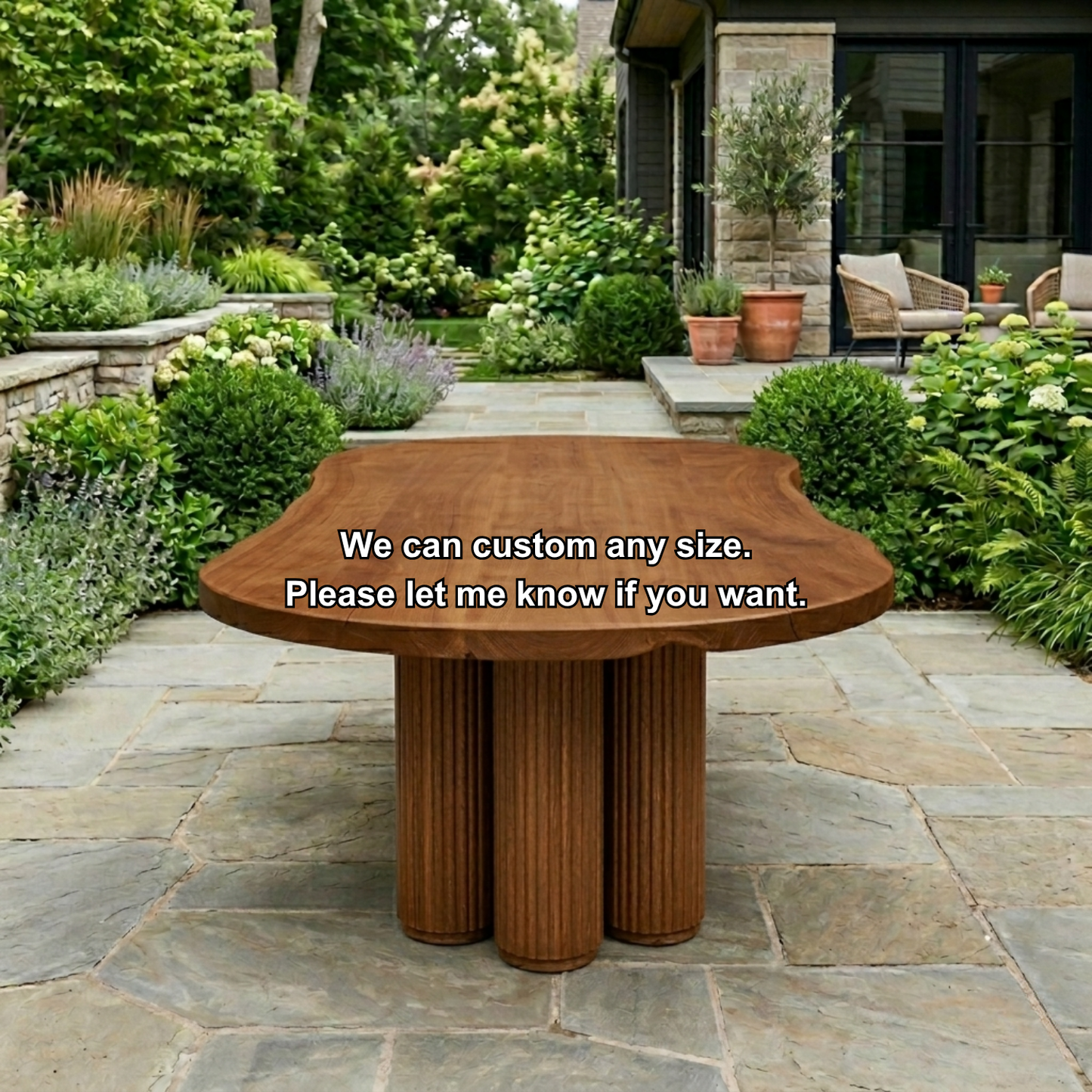 Solid Wood Outdoor Dining Table with Organic Live Edge Top & Fluted Pedestal Base