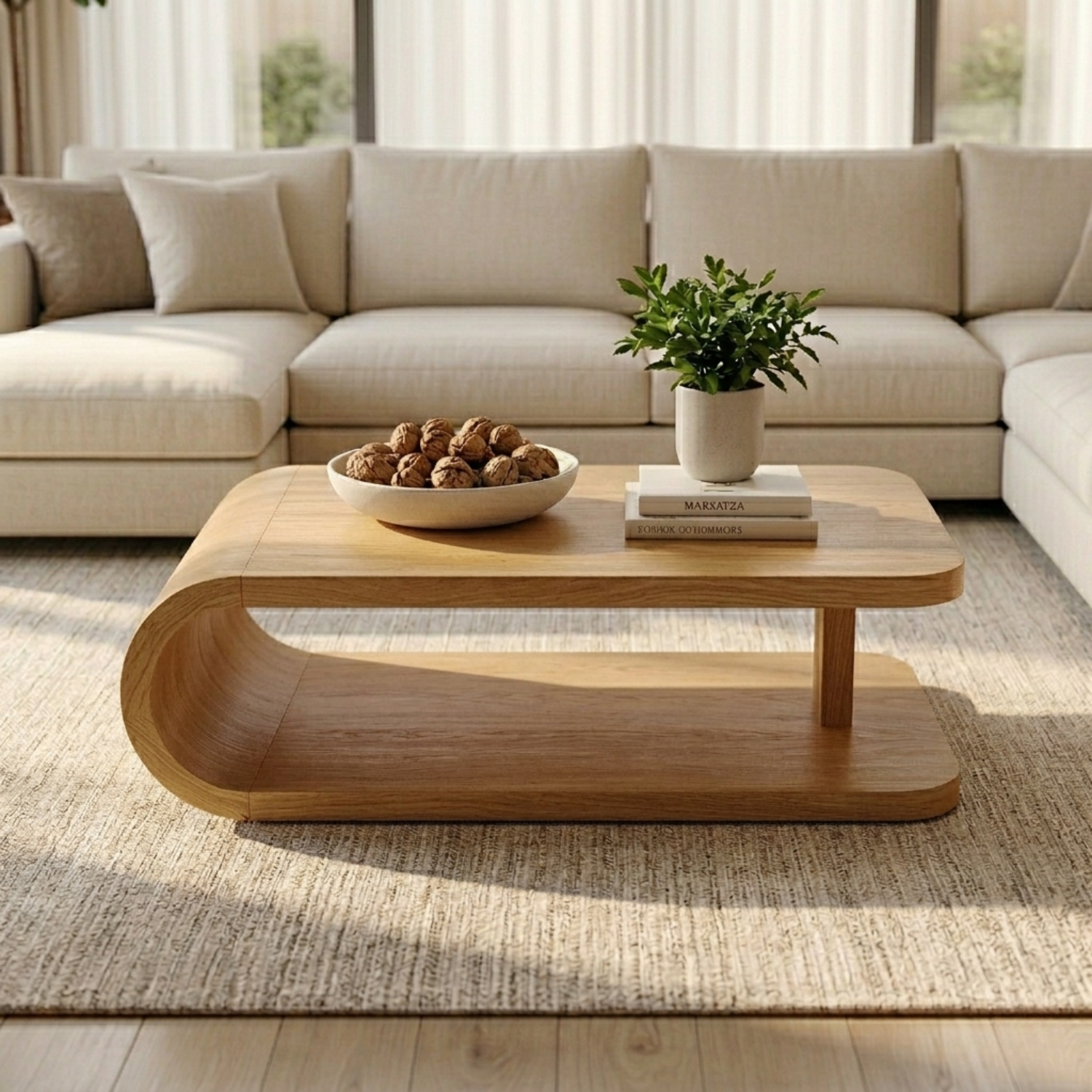 Modern Solid Wood Coffee Table with Curved Base and Storage Shelf for Living Room
