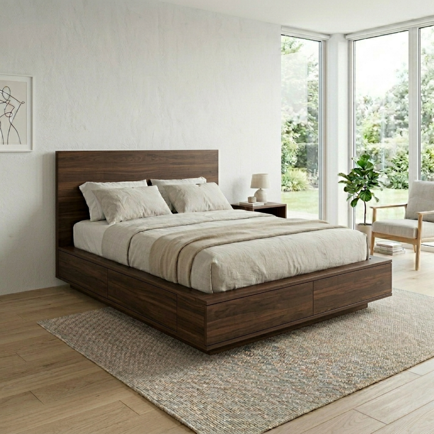 Solid Wood Platform Bed Frame with Integrated Storage Drawers