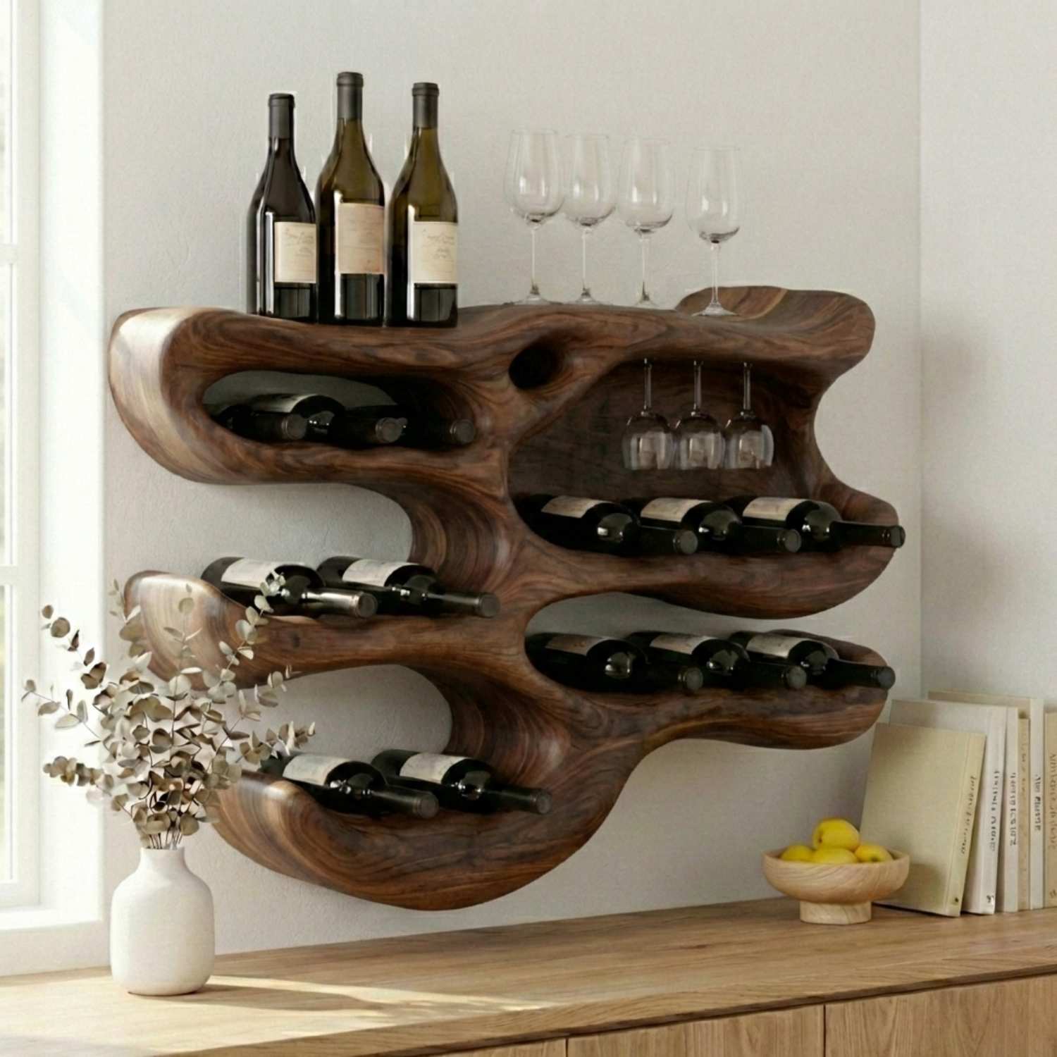 Handcrafted Solid Wood Wall Wine Holder – Sculptural Wine Rack with Glass Storage