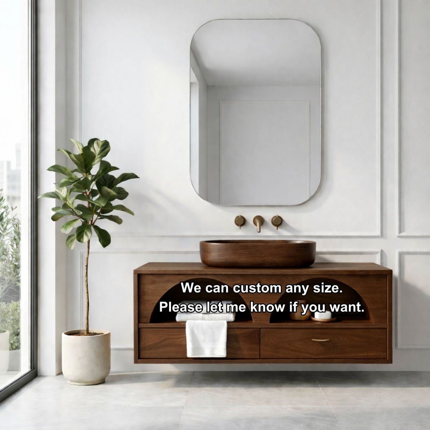 Handcrafted Arch Design Floating Vanity - Solid Wood Mid-Century Modern Bathroom Cabinet Kitchnce