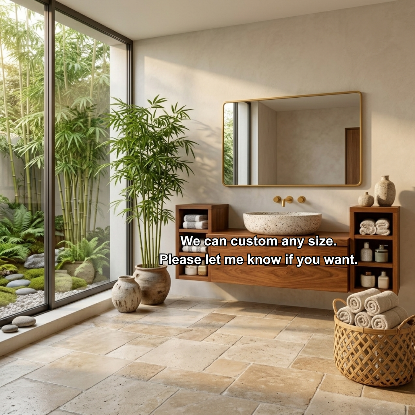 Floating Solid Wood Bathroom Vanity with Double Drawers and Open Side Shelves on Both Sides