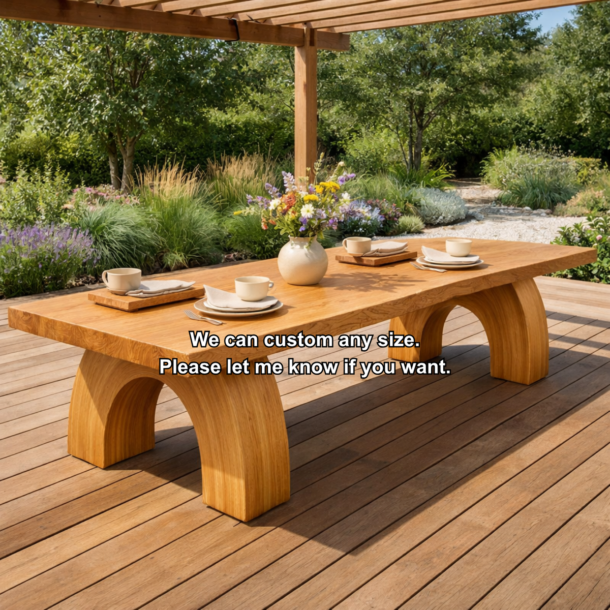 Solid Wood Outdoor Dining Table Rectangular Top with Arched Base Patio Garden Table